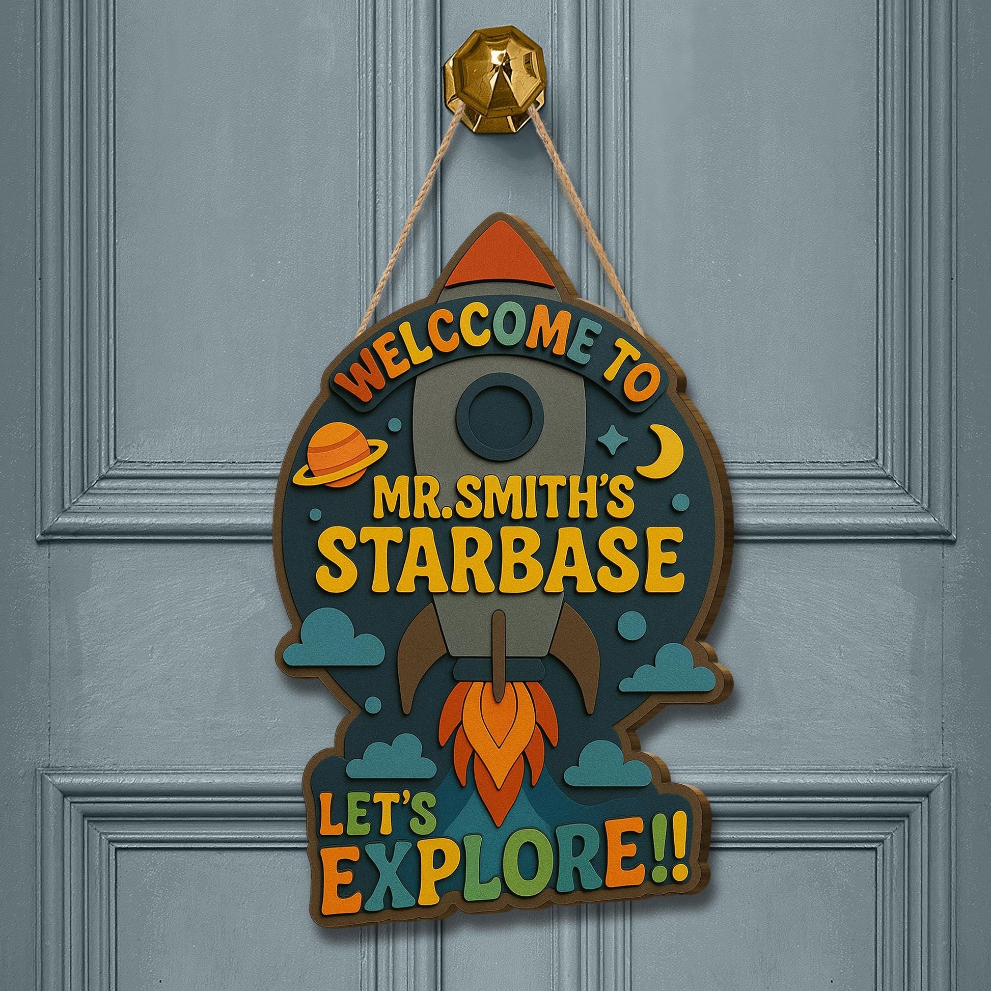 Custom Classroom Door Sign, Rocket Theme Back to School Sign, Teacher Name Sign, Outer Space Decor, Wooden Welcome Sign, Classroom Decor
