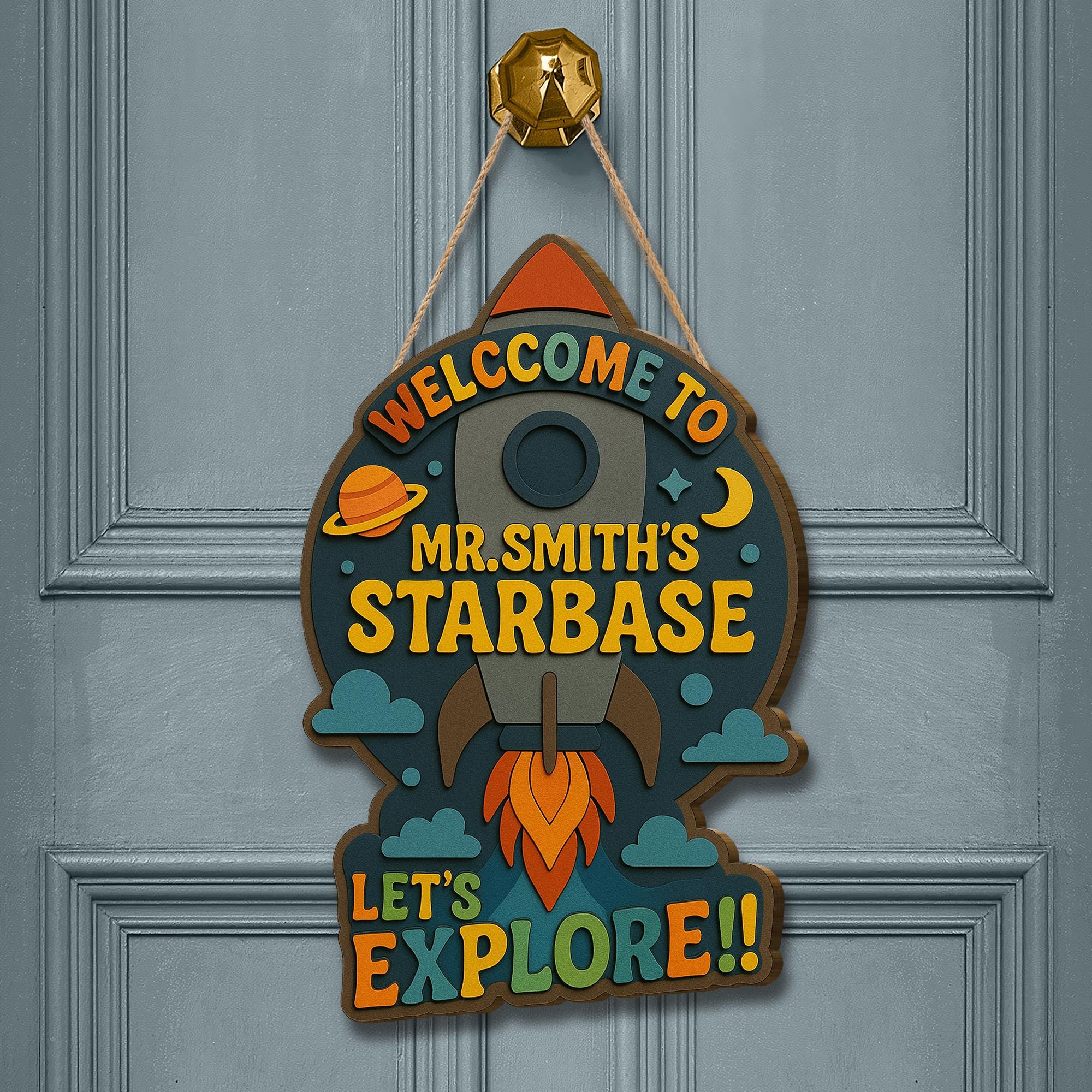 Custom Classroom Door Sign, Rocket Theme Back to School Sign, Teacher Name Sign, Outer Space Decor, Wooden Welcome Sign, Classroom Decor