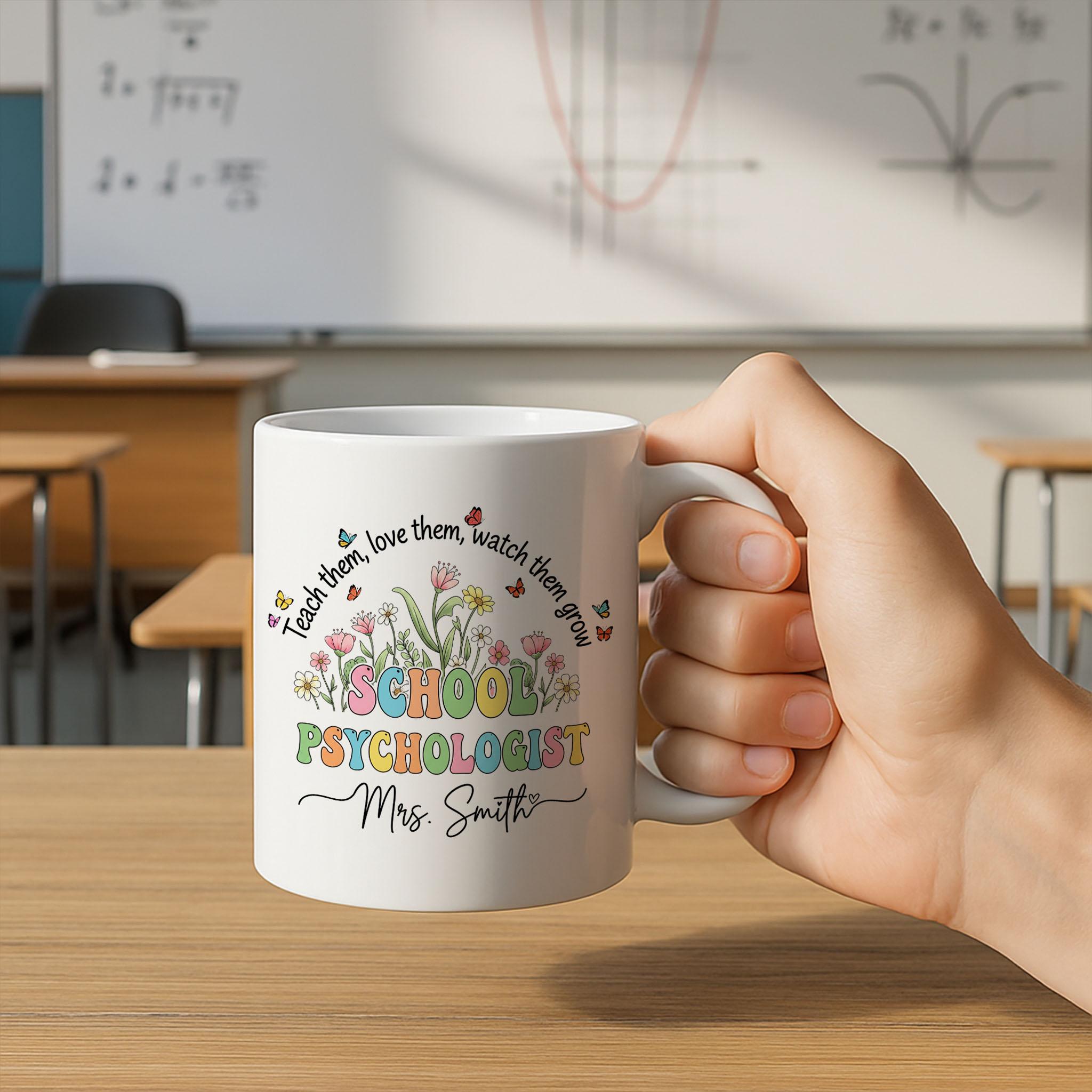 Personalized School Psychologist Mug, Teacher Mug Gift, Accent Coffee Cup, Mental Health Staff Mug, Floral School Mug, Custom Name Cup