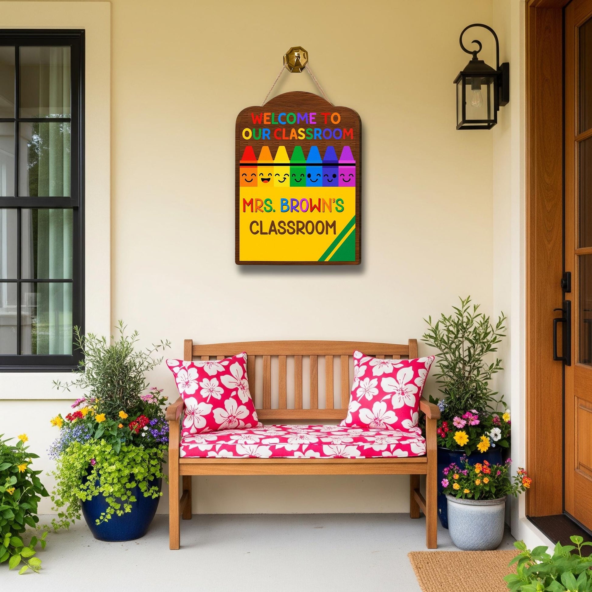 Personalized Crayon Teacher Door Sign, Welcome to Our Classroom Sign, Custom Name Rainbow School Decor for Teachers, Educators, School Decor
