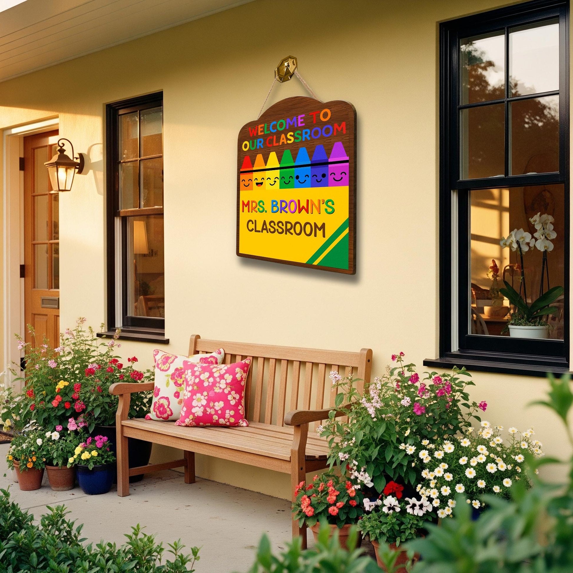 Personalized Crayon Teacher Door Sign, Welcome to Our Classroom Sign, Custom Name Rainbow School Decor for Teachers, Educators, School Decor