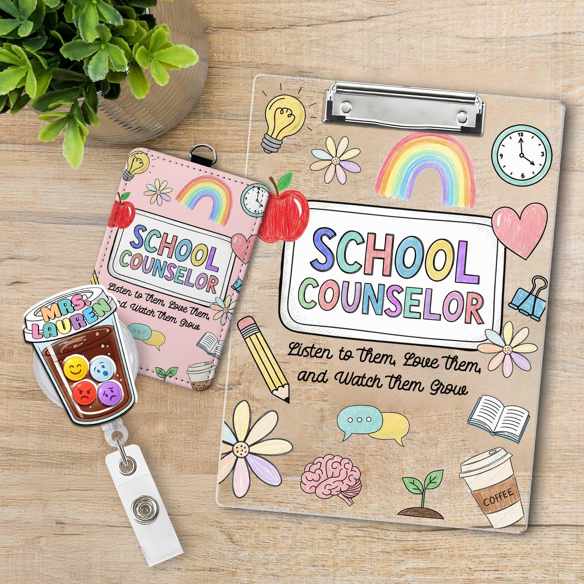 Personalized School Counselor Gift Set | Badge Reel & Leather ID Holder | Acrylic Clipboard | Back to School Teacher Counselor Supplies