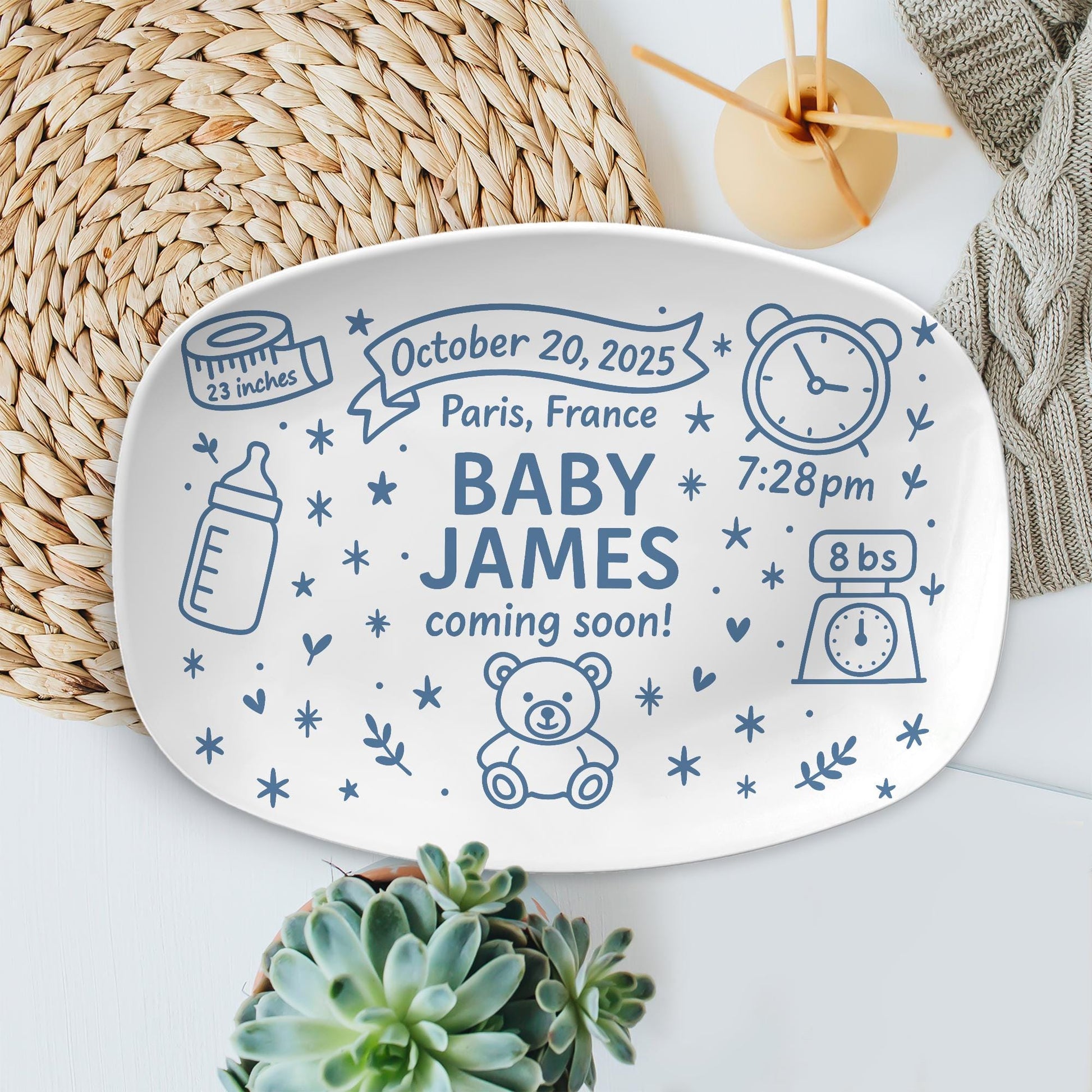 Custom Baby Announcement Plate, Personalized Birth Stats Platter, Newborn Keepsake Gift, Baby Shower Decor, Coming Soon Sign