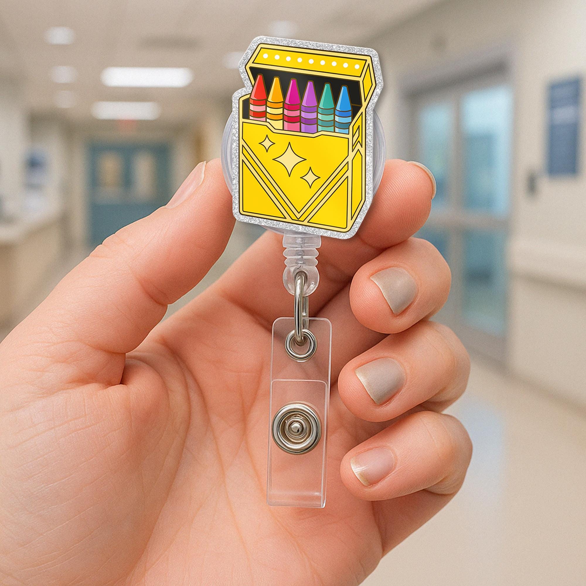 Crayon Box Badge Reel | Colorful Teacher ID Clip for Back to School | Cute Retractable Name Badge Holder for Educators & Artists