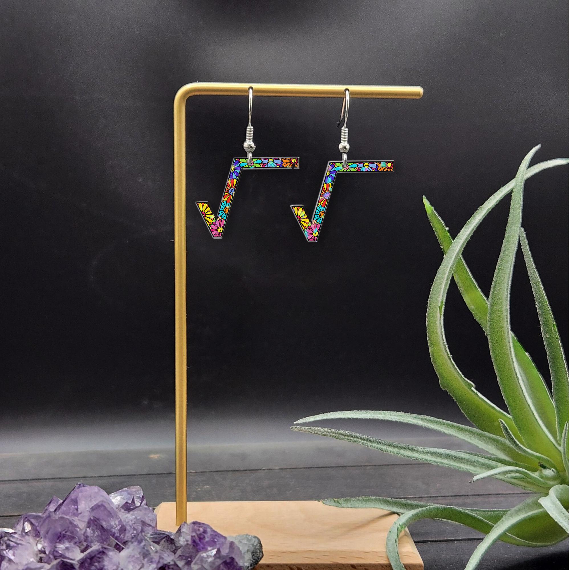 Colorful Square Root Earrings, Math Teacher Jewelry, Funny Math Gift, Flower Pattern Dangle Earrings, Geeky Teacher Accessory
