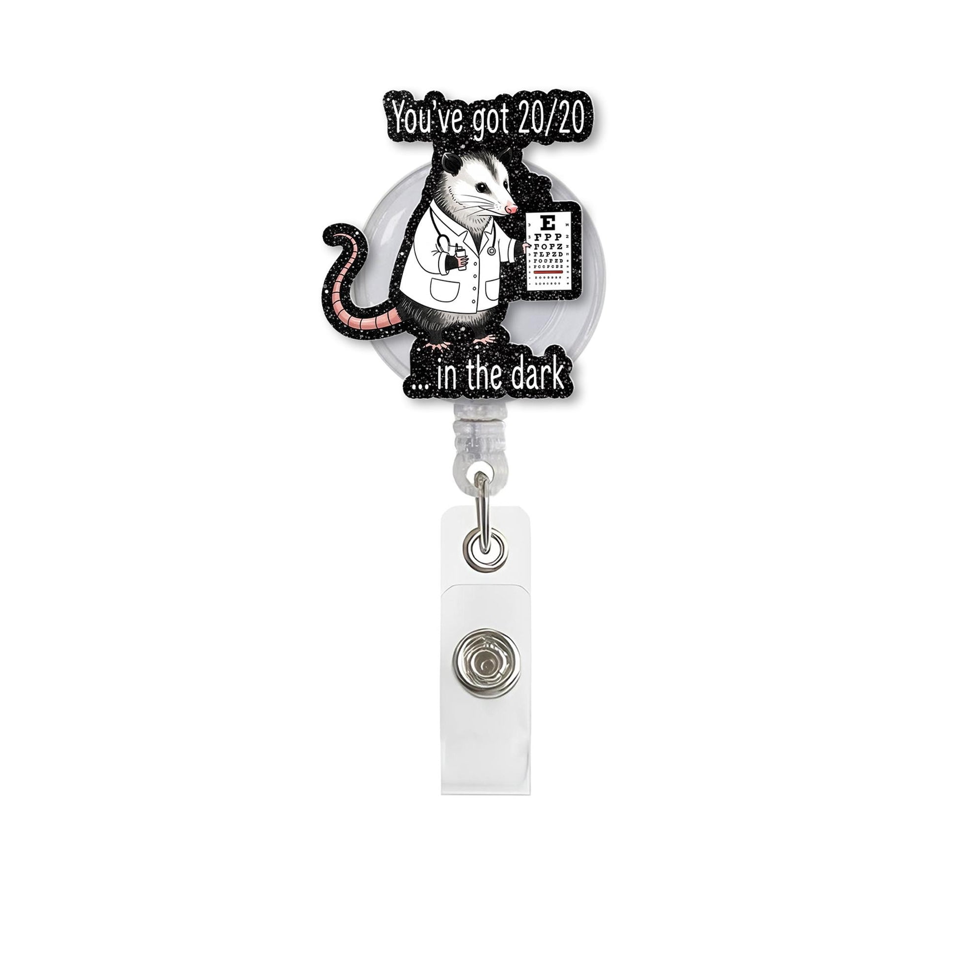 Funny Possum Badge Reel, 20/20 In the Dark ID Holder, Optometry Pun Badge Clip, Eye Doctor Gift, Cute Animal Work Accessory