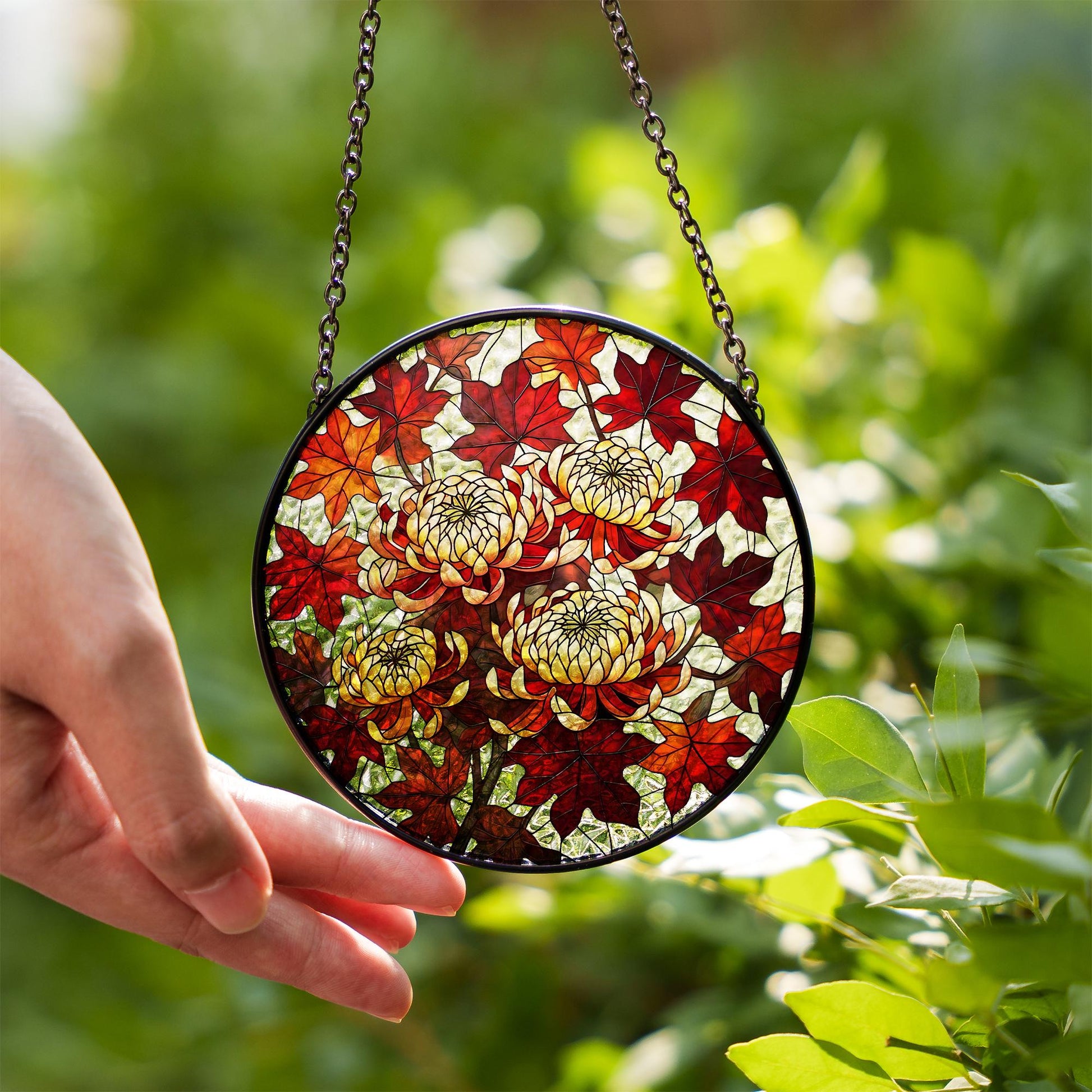 Chrysanthemum Glass Suncatcher – Autumn Floral Window Hanging, Fall Leaves Glass Art Home Decor