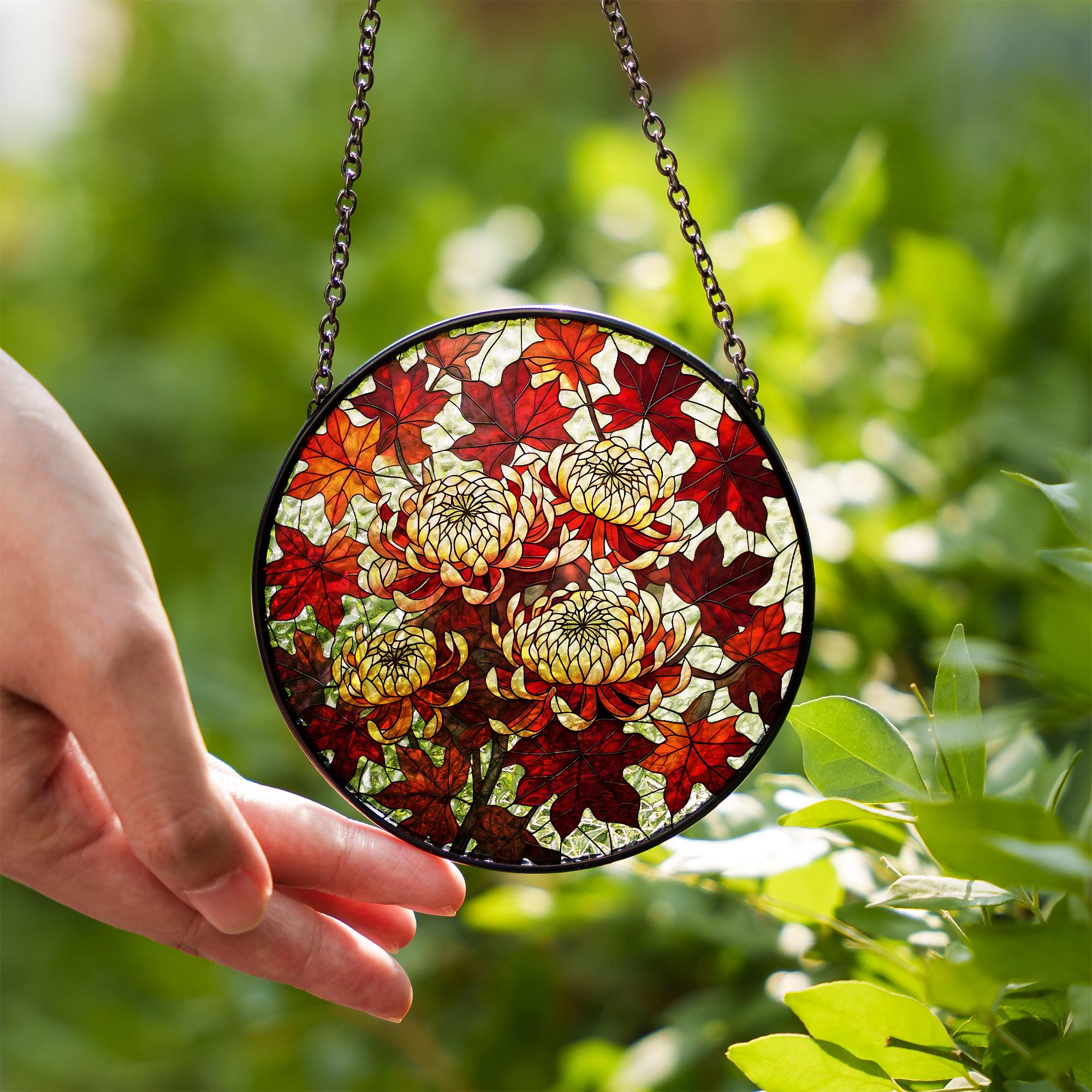 Chrysanthemum Glass Suncatcher – Autumn Floral Window Hanging, Fall Leaves Glass Art Home Decor