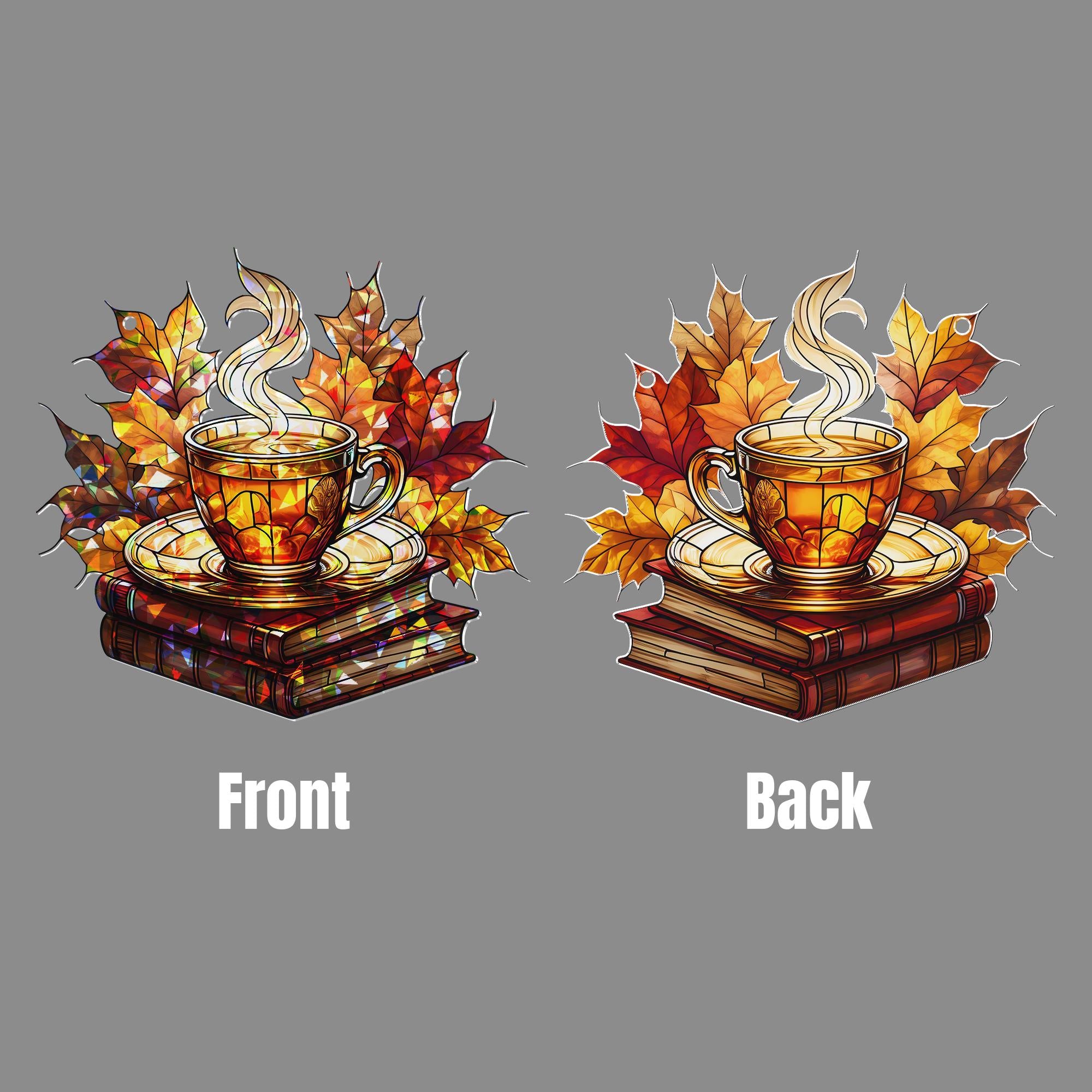 Cozy Fall Acrylic Window Hanging | Autumn Tea Cup and Books Suncatcher | Fall Leaves Window Decor | Warm Seasonal Home Accent Gift