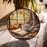 Cozy Autumn Reading Glass Suncatcher | Fall Window Decor with Pumpkin, Candle, Book & Coffee | Glass Suncatcher Autumn Vibes
