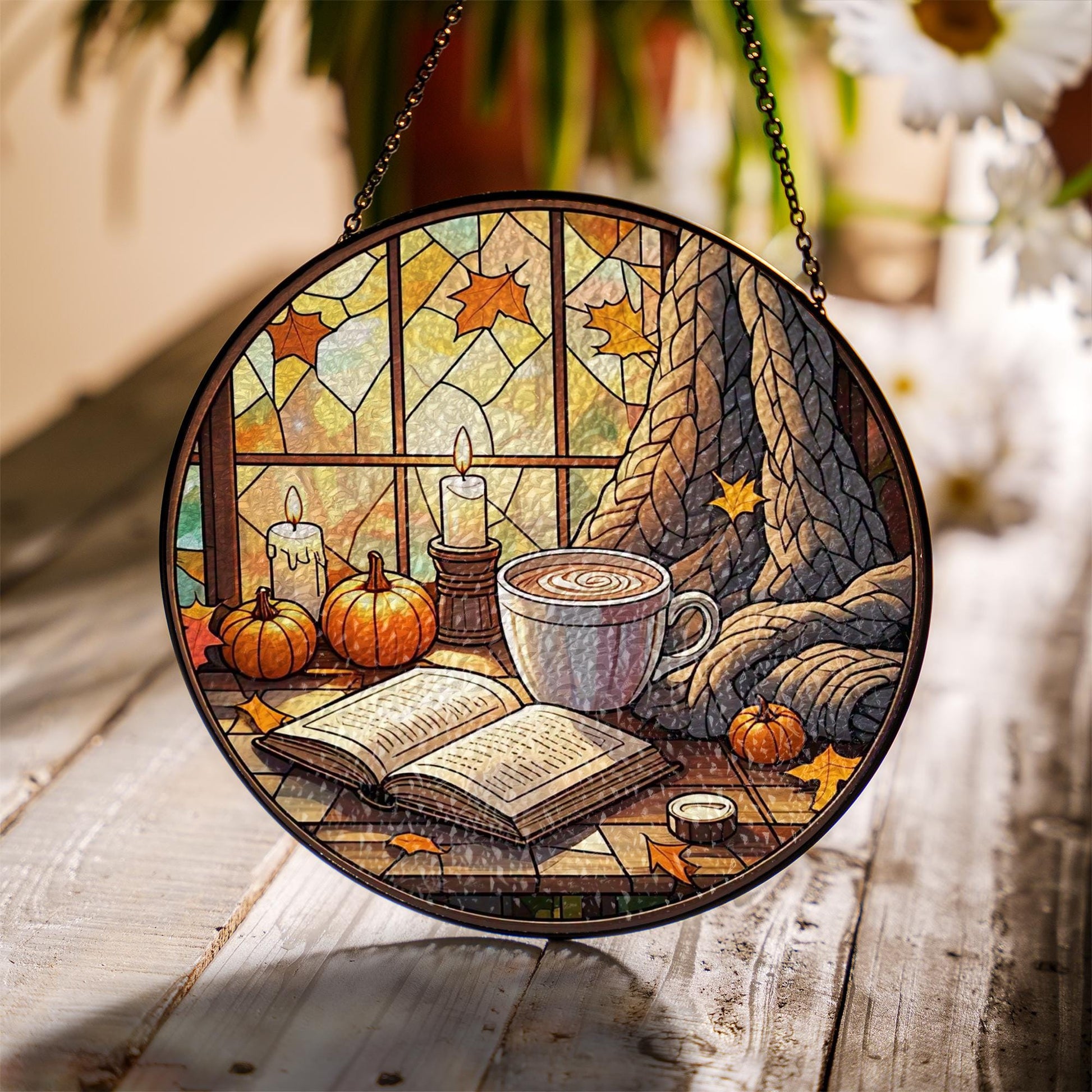 Cozy Autumn Reading Glass Suncatcher | Fall Window Decor with Pumpkin, Candle, Book & Coffee | Glass Suncatcher Autumn Vibes