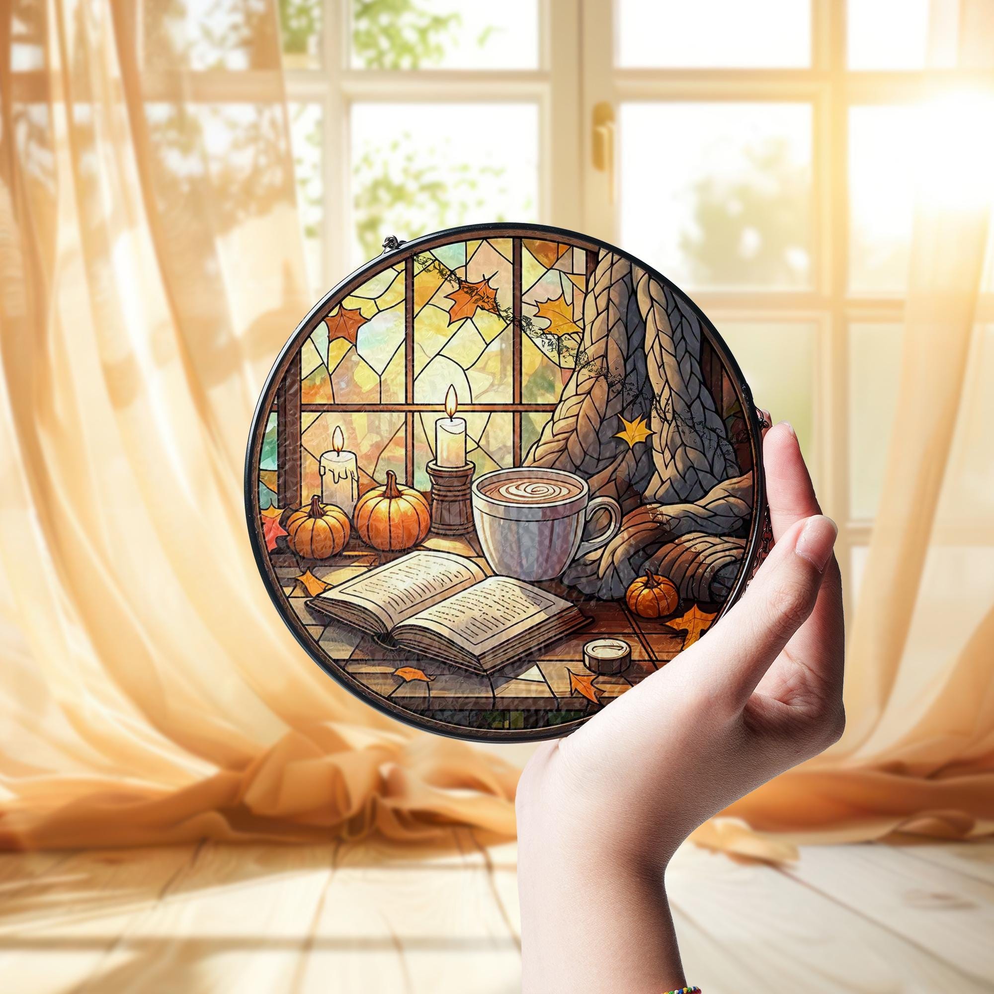 Cozy Autumn Reading Glass Suncatcher | Fall Window Decor with Pumpkin, Candle, Book & Coffee | Glass Suncatcher Autumn Vibes