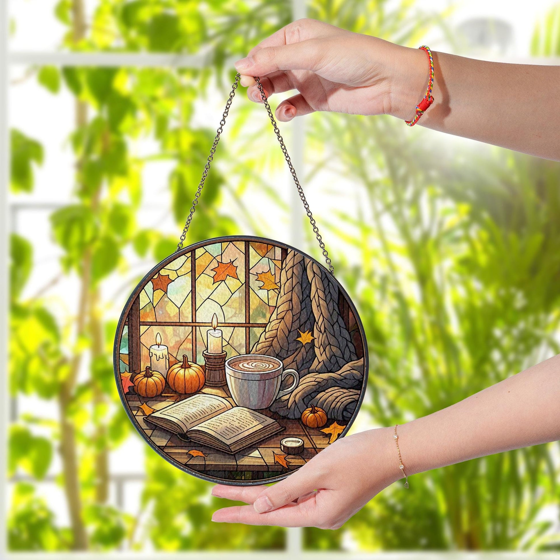 Cozy Autumn Reading Glass Suncatcher | Fall Window Decor with Pumpkin, Candle, Book & Coffee | Glass Suncatcher Autumn Vibes