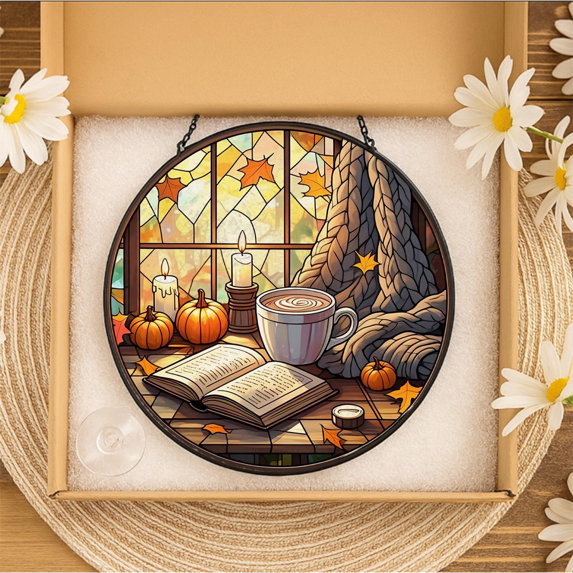 Cozy Autumn Reading Glass Suncatcher | Fall Window Decor with Pumpkin, Candle, Book & Coffee | Glass Suncatcher Autumn Vibes