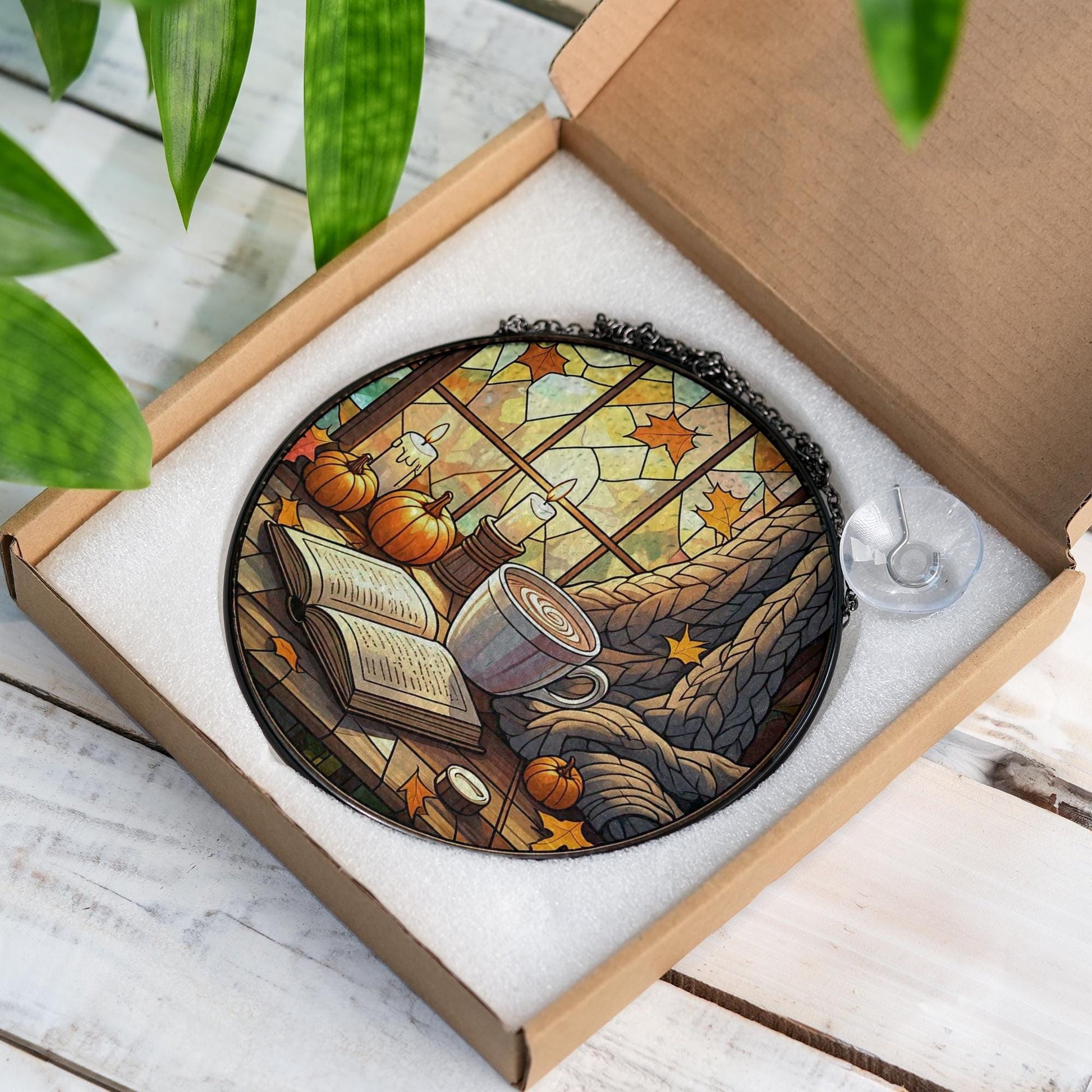 Cozy Autumn Reading Glass Suncatcher | Fall Window Decor with Pumpkin, Candle, Book & Coffee | Glass Suncatcher Autumn Vibes