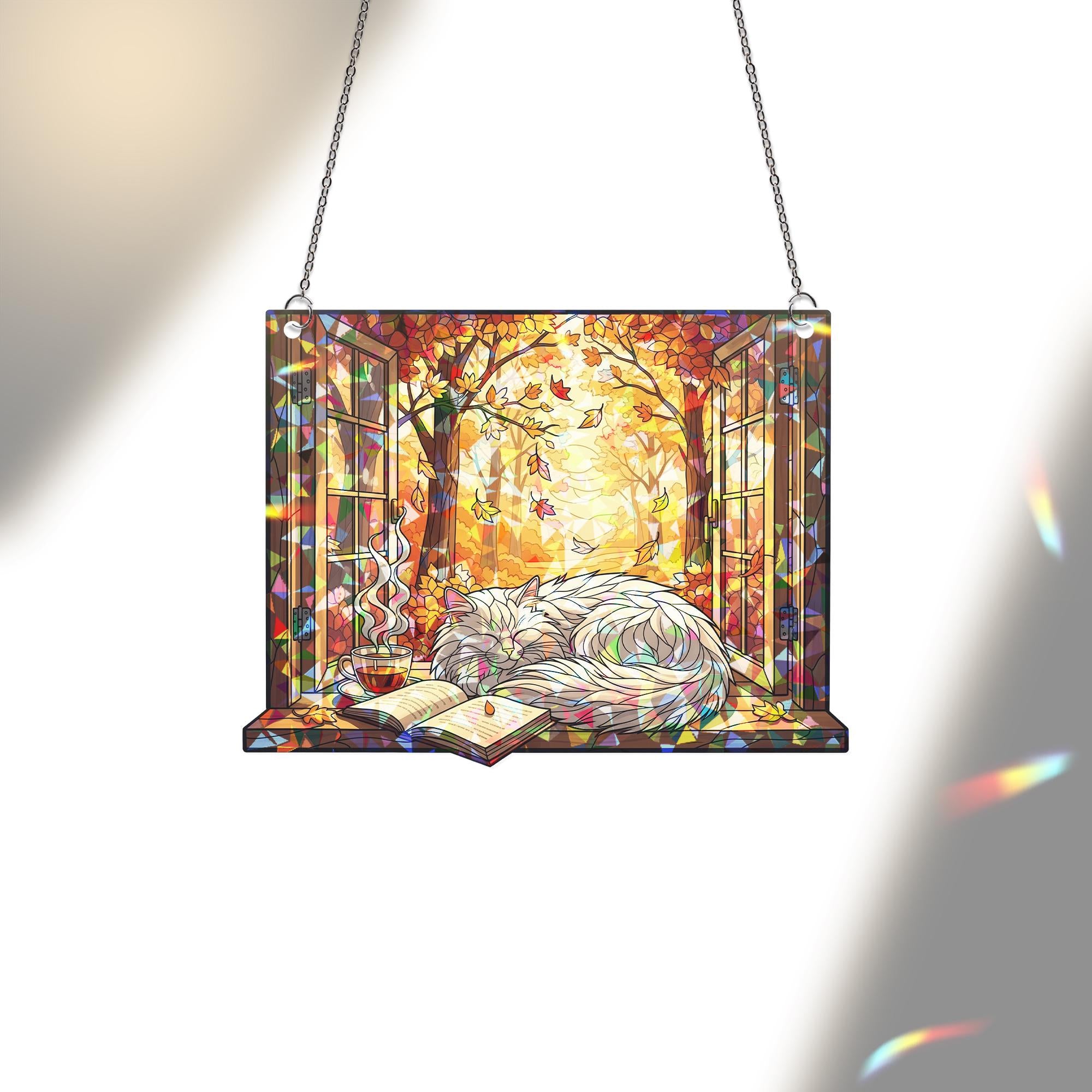 Cozy Autumn Cat Stained Glass Window Hanging – Fall Sun Catcher with Sleeping Cat, Book & Tea – Autumn Home Decor Gift