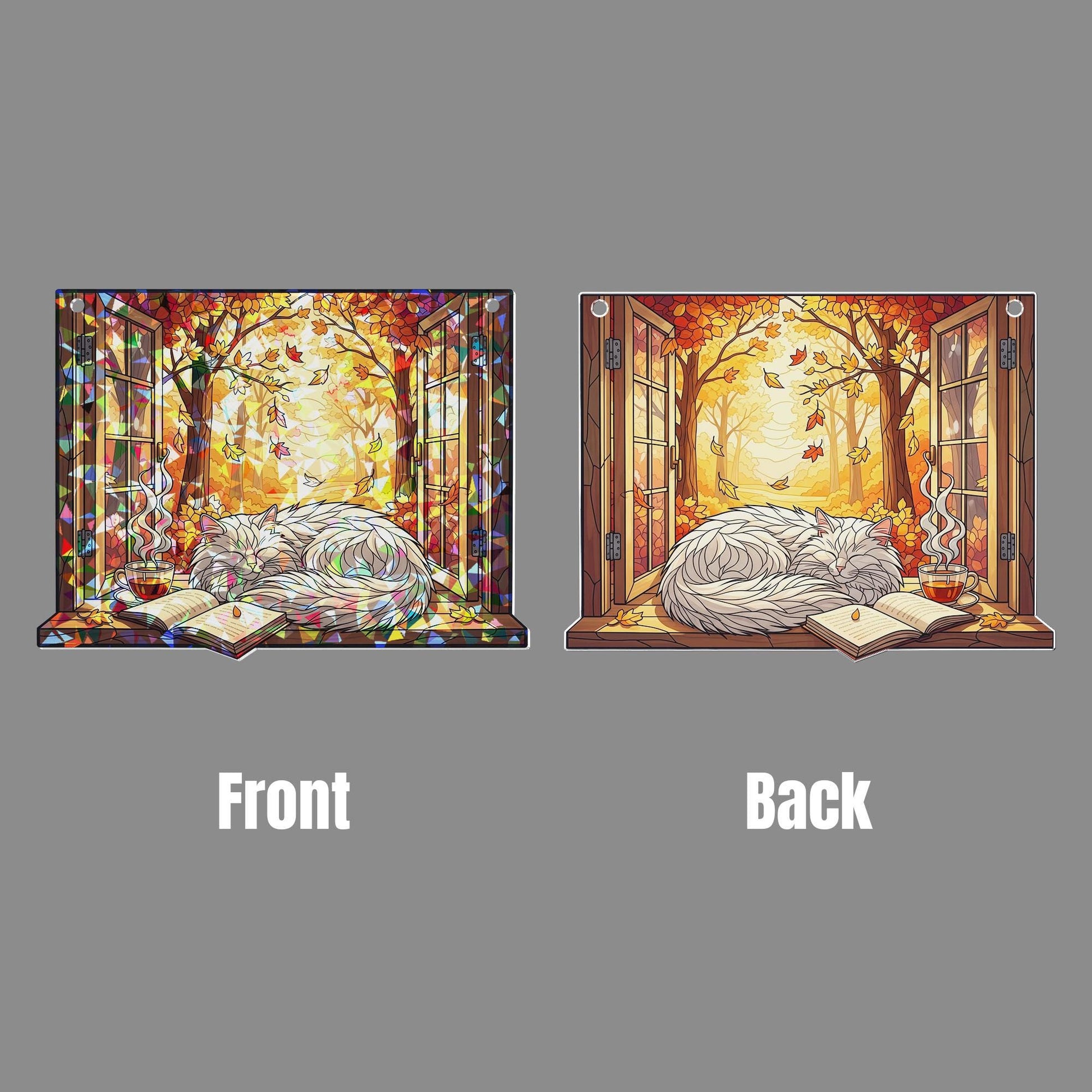 Cozy Autumn Cat Stained Glass Window Hanging – Fall Sun Catcher with Sleeping Cat, Book & Tea – Autumn Home Decor Gift