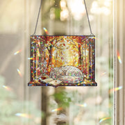 Cozy Autumn Cat Stained Glass Window Hanging – Fall Sun Catcher with Sleeping Cat, Book & Tea – Autumn Home Decor Gift