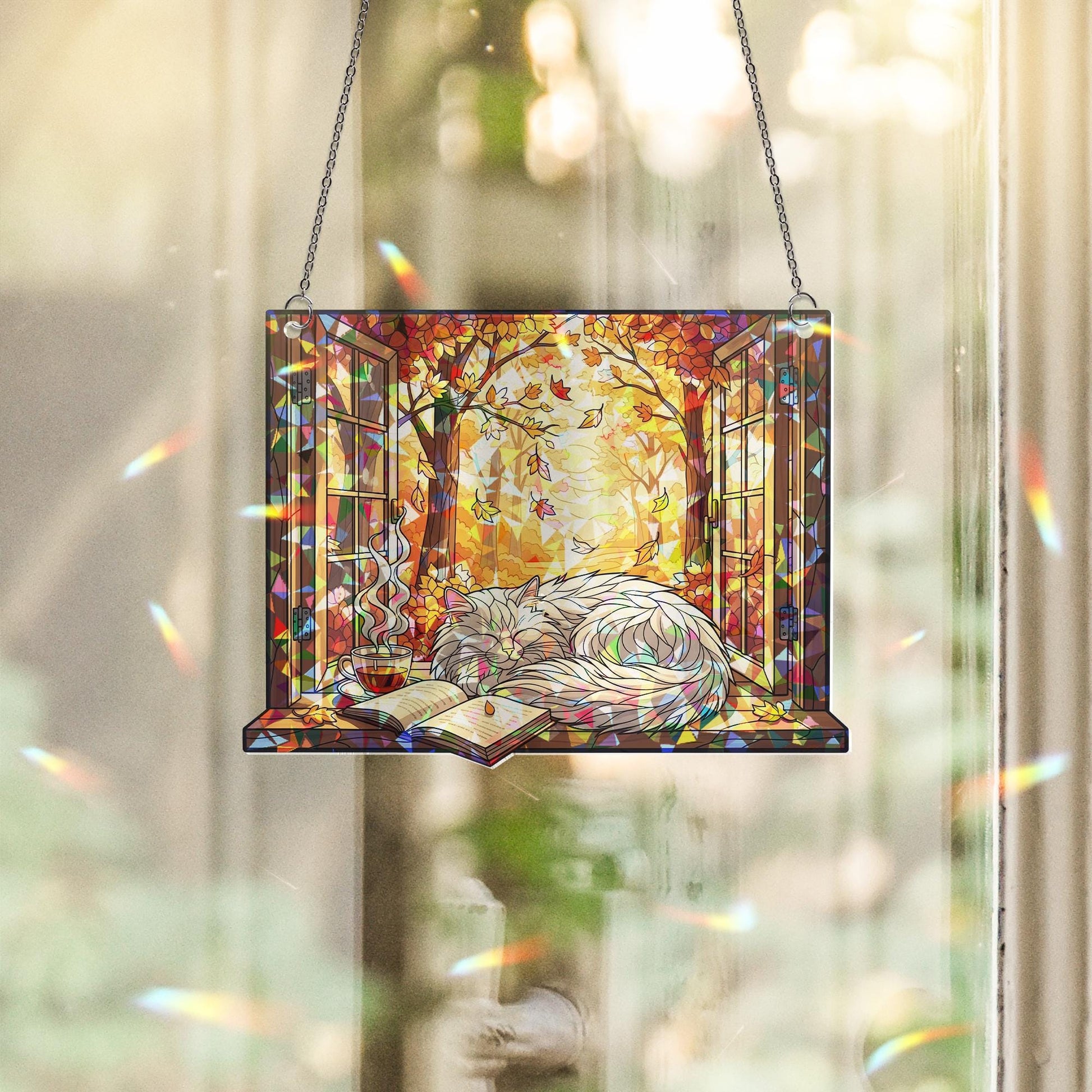 Cozy Autumn Cat Stained Glass Window Hanging – Fall Sun Catcher with Sleeping Cat, Book & Tea – Autumn Home Decor Gift