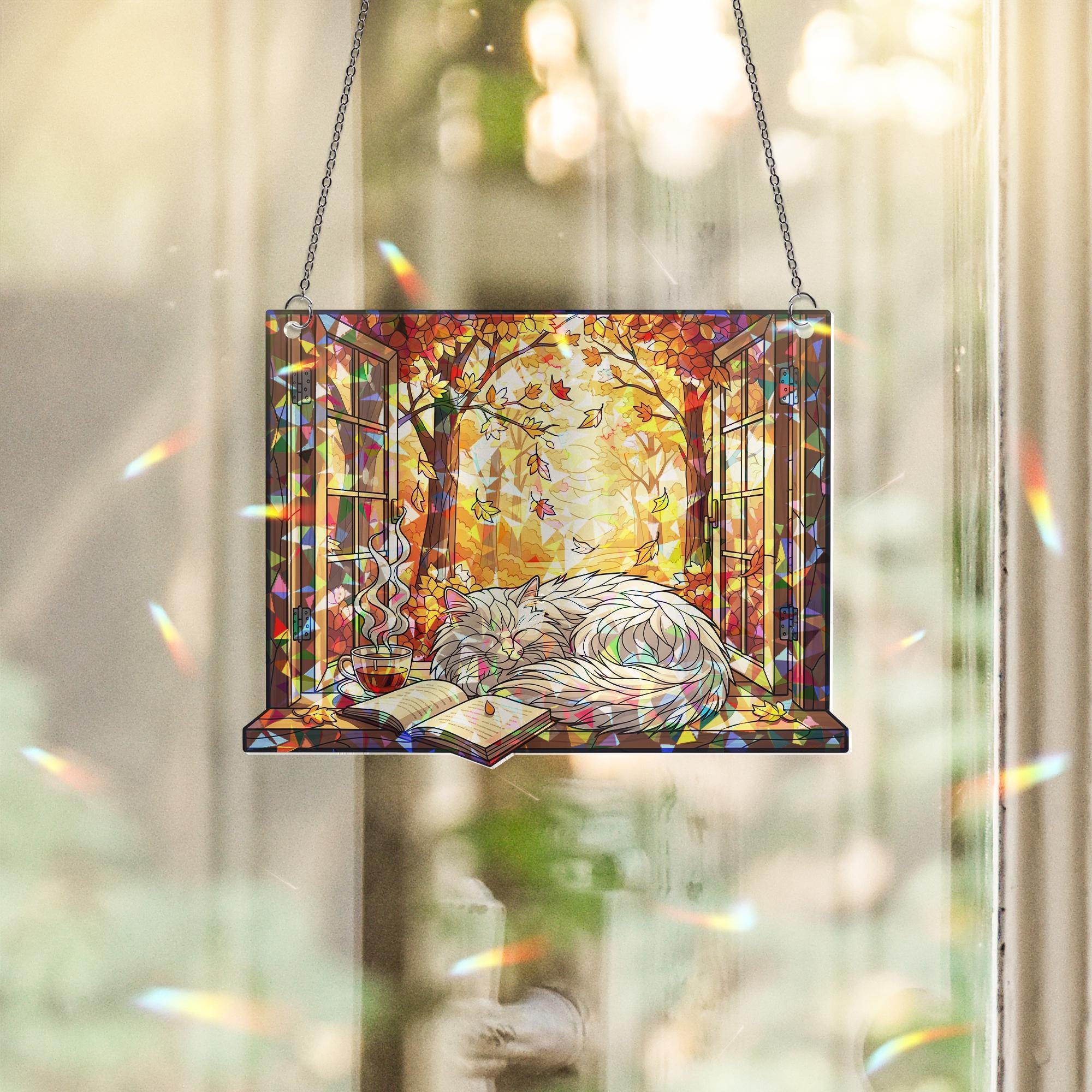 Cozy Autumn Cat Stained Glass Window Hanging – Fall Sun Catcher with Sleeping Cat, Book & Tea – Autumn Home Decor Gift