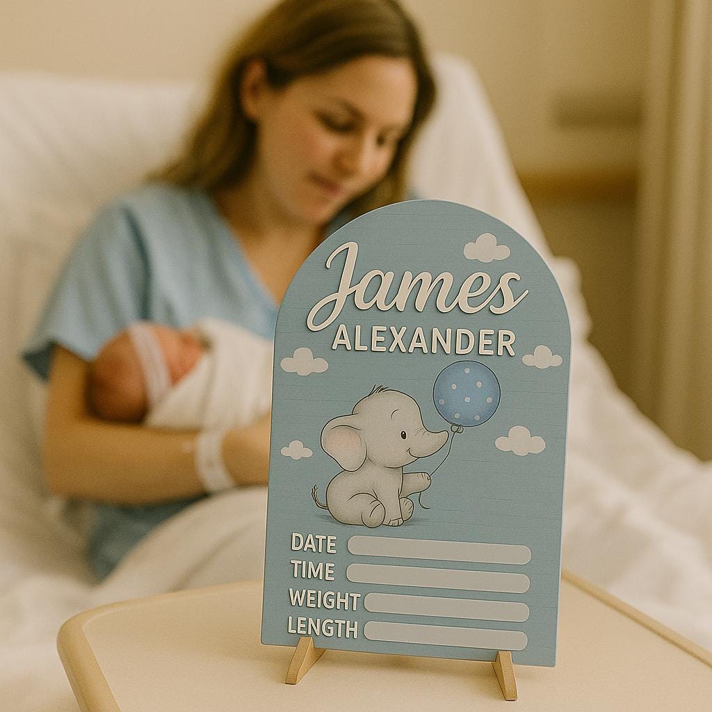 Personalized Baby Arrival Sign, Elephant Nursery Decor, Birth Stat Plaque for Boys, Newborn Hospital Reveal Keepsake, Baby Announcement Sign