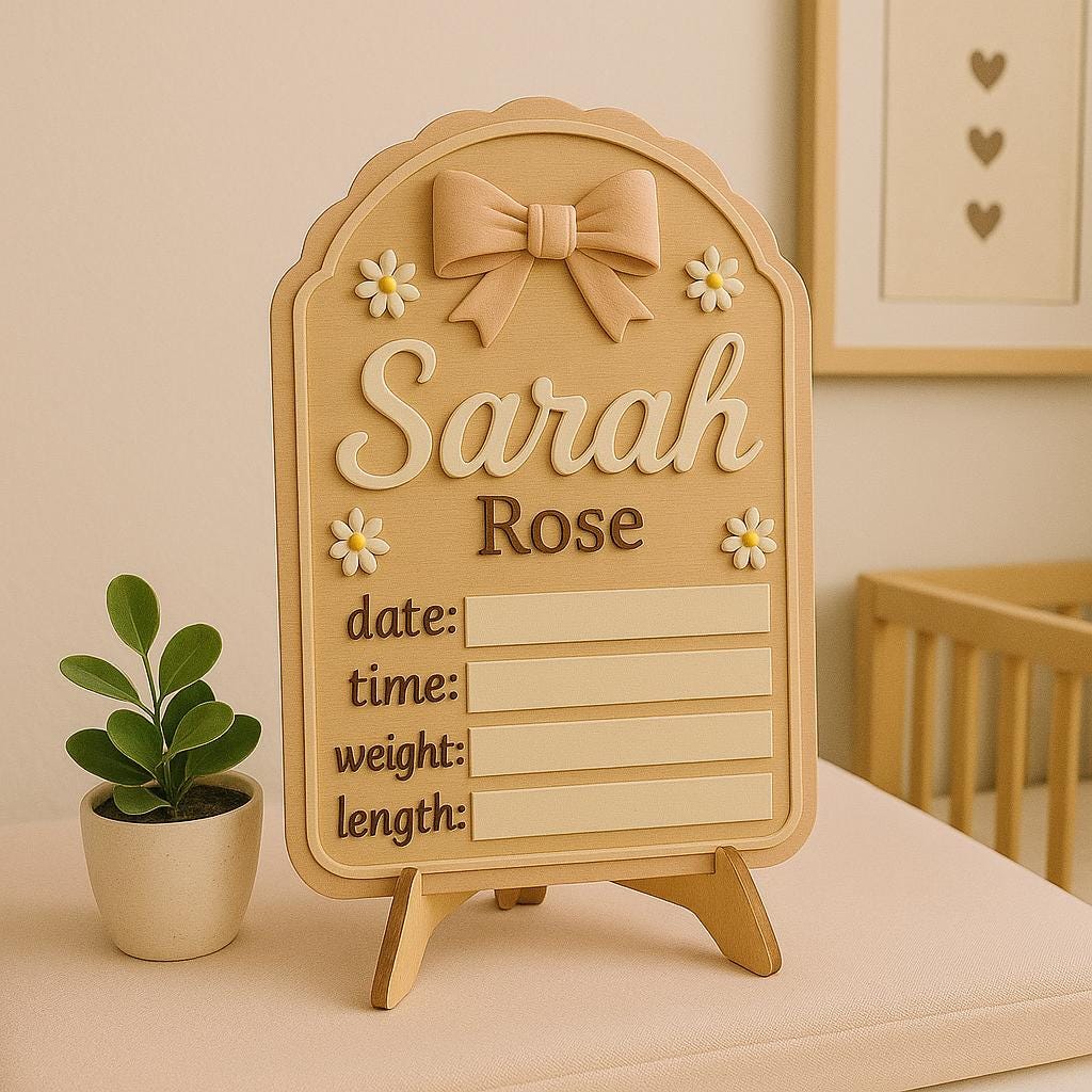 Personalized Baby Girl Name Sign, Birth Stat Wooden Plaque, Nursery Decor with Flowers & Bow, Newborn Hospital Announcement Board