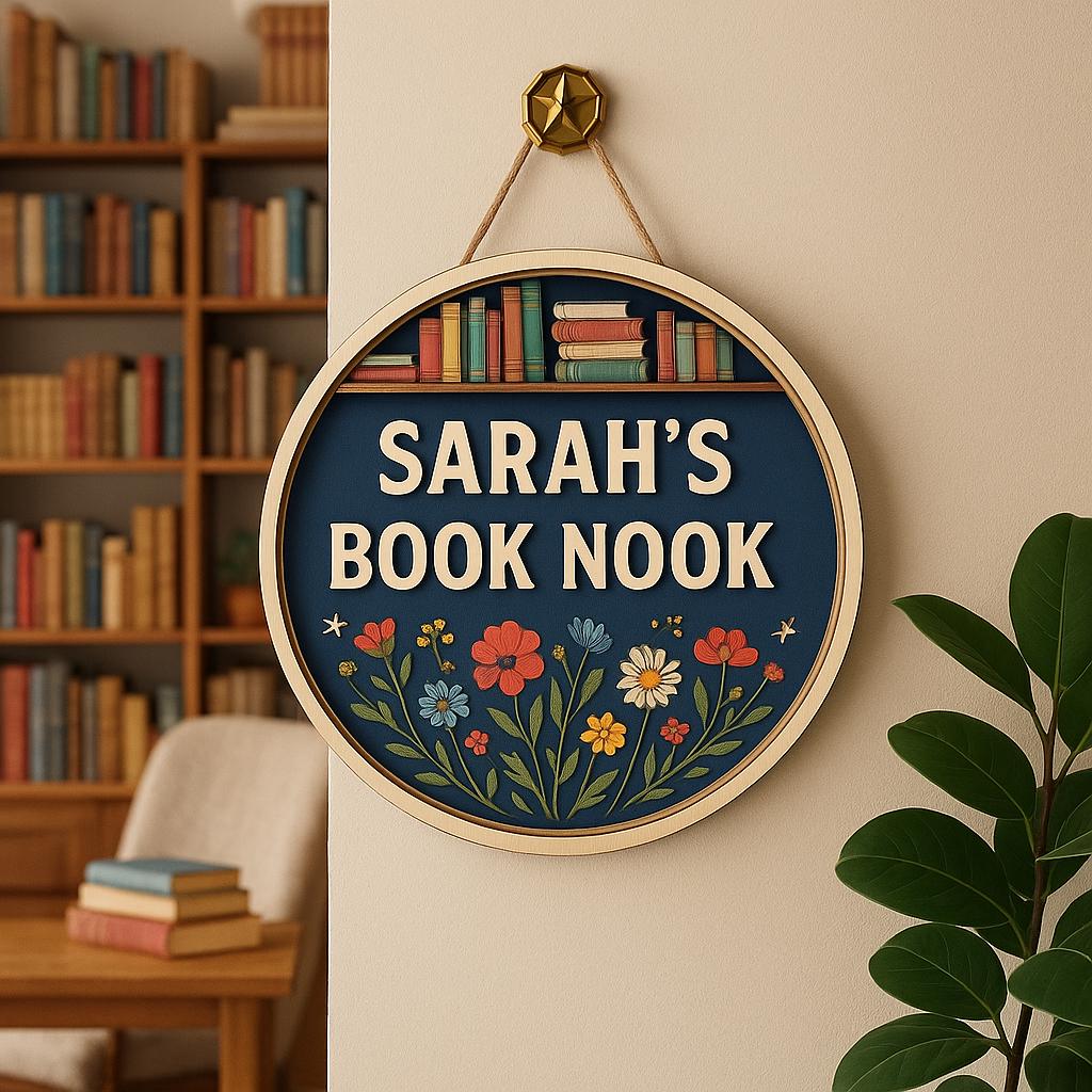 Custom Book Nook Door Hanger, Personalized Reading Corner Sign with Floral & Bookshelf Design, Cozy Gift for Book Lovers and Readers