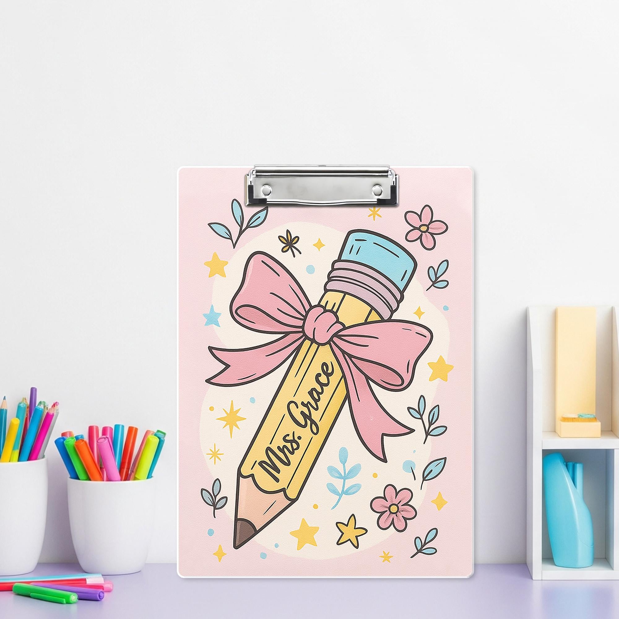 Custom Coquette Teacher Clipboard, Personalized Pink Pencil Back to School Gift, Cute Floral Office Supply, Name Clipboard for Class