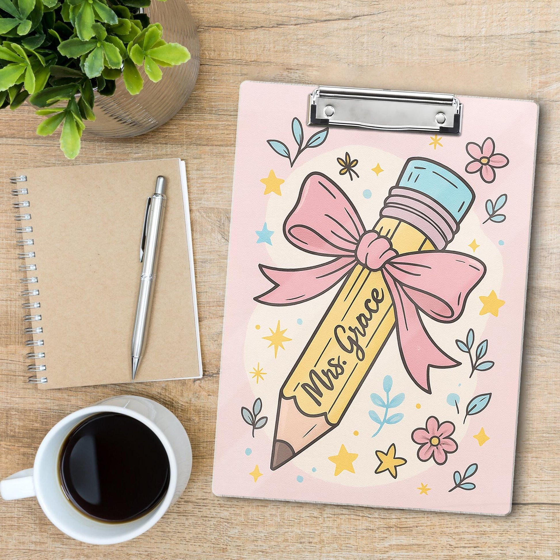 Custom Coquette Teacher Clipboard, Personalized Pink Pencil Back to School Gift, Cute Floral Office Supply, Name Clipboard for Class