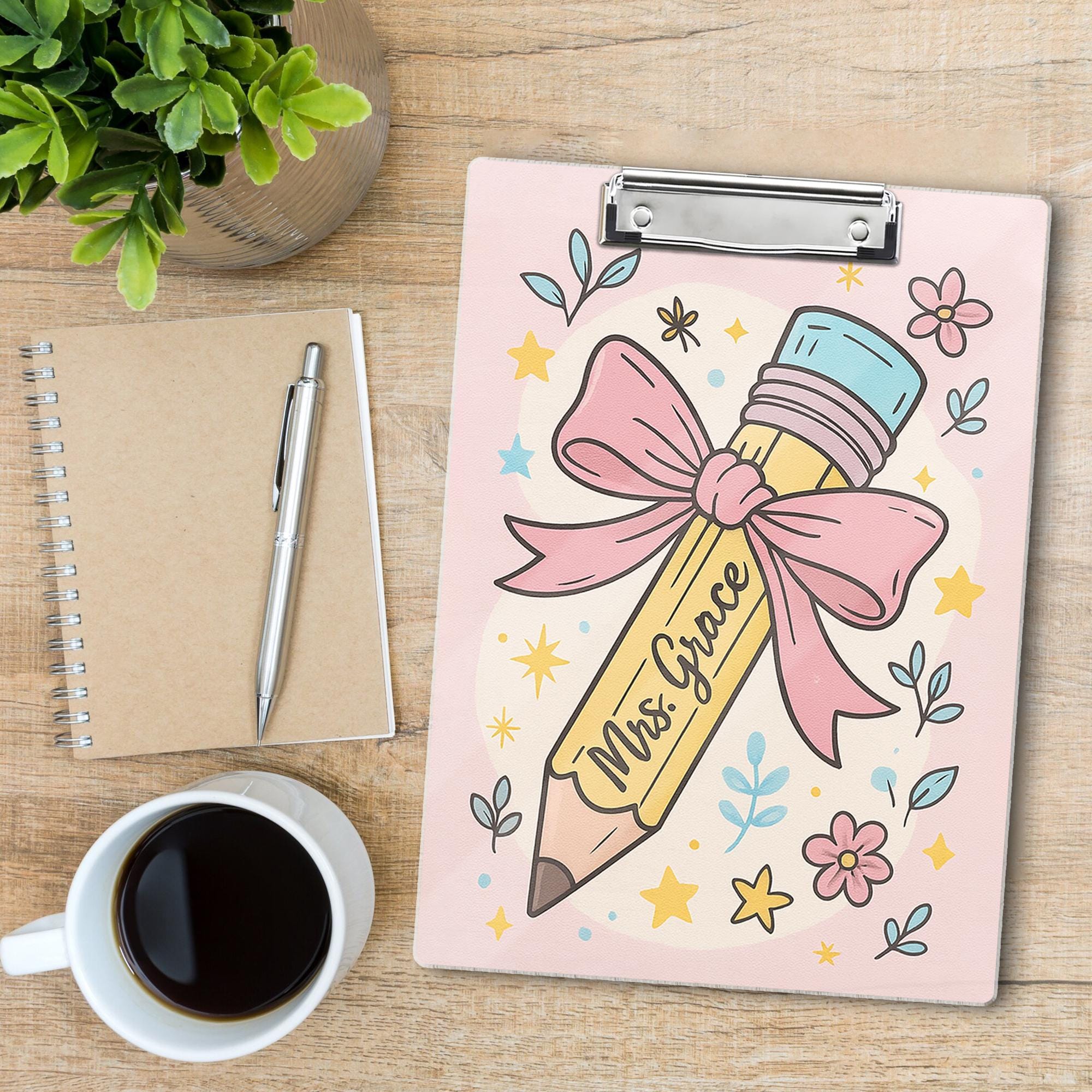 Custom Coquette Teacher Clipboard, Personalized Pink Pencil Back to School Gift, Cute Floral Office Supply, Name Clipboard for Class