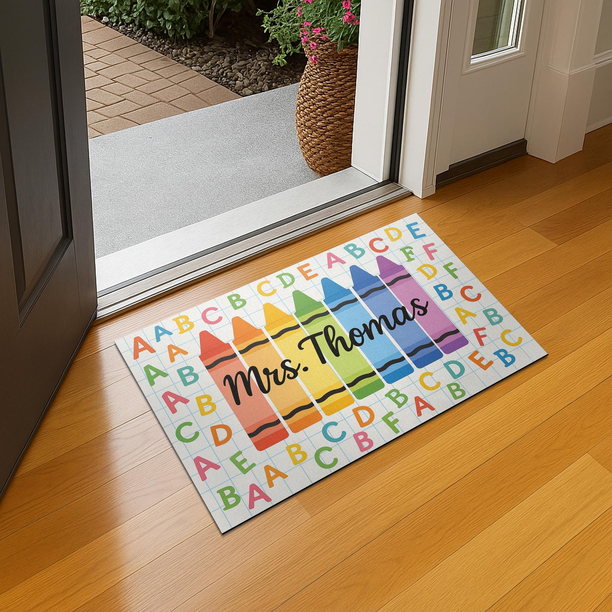 Crayon Alphabet Teacher Doormat, Custom Classroom Rug, Personalized Back to School Mat, Classroom Welcome Floor Decor