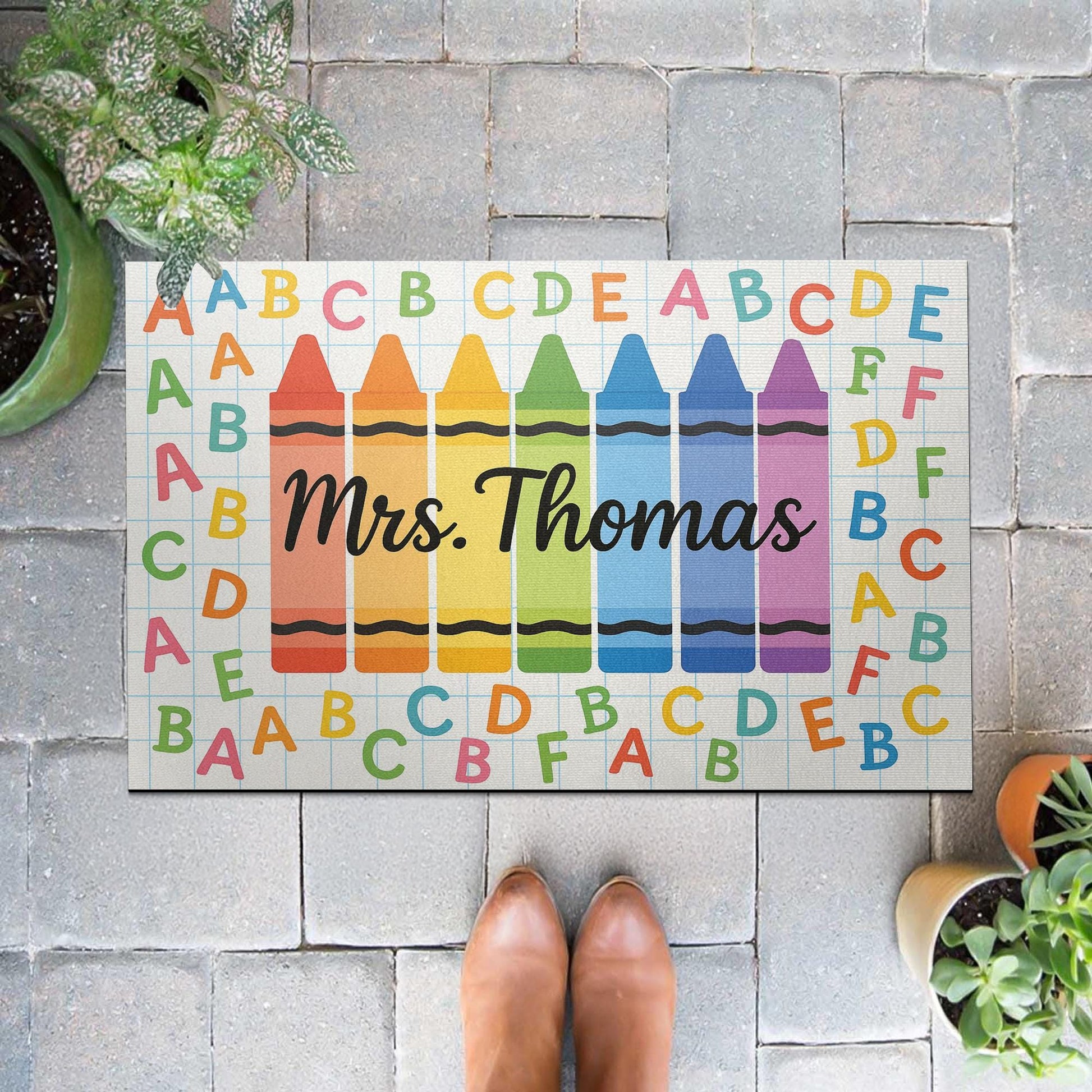 Crayon Alphabet Teacher Doormat, Custom Classroom Rug, Personalized Back to School Mat, Classroom Welcome Floor Decor