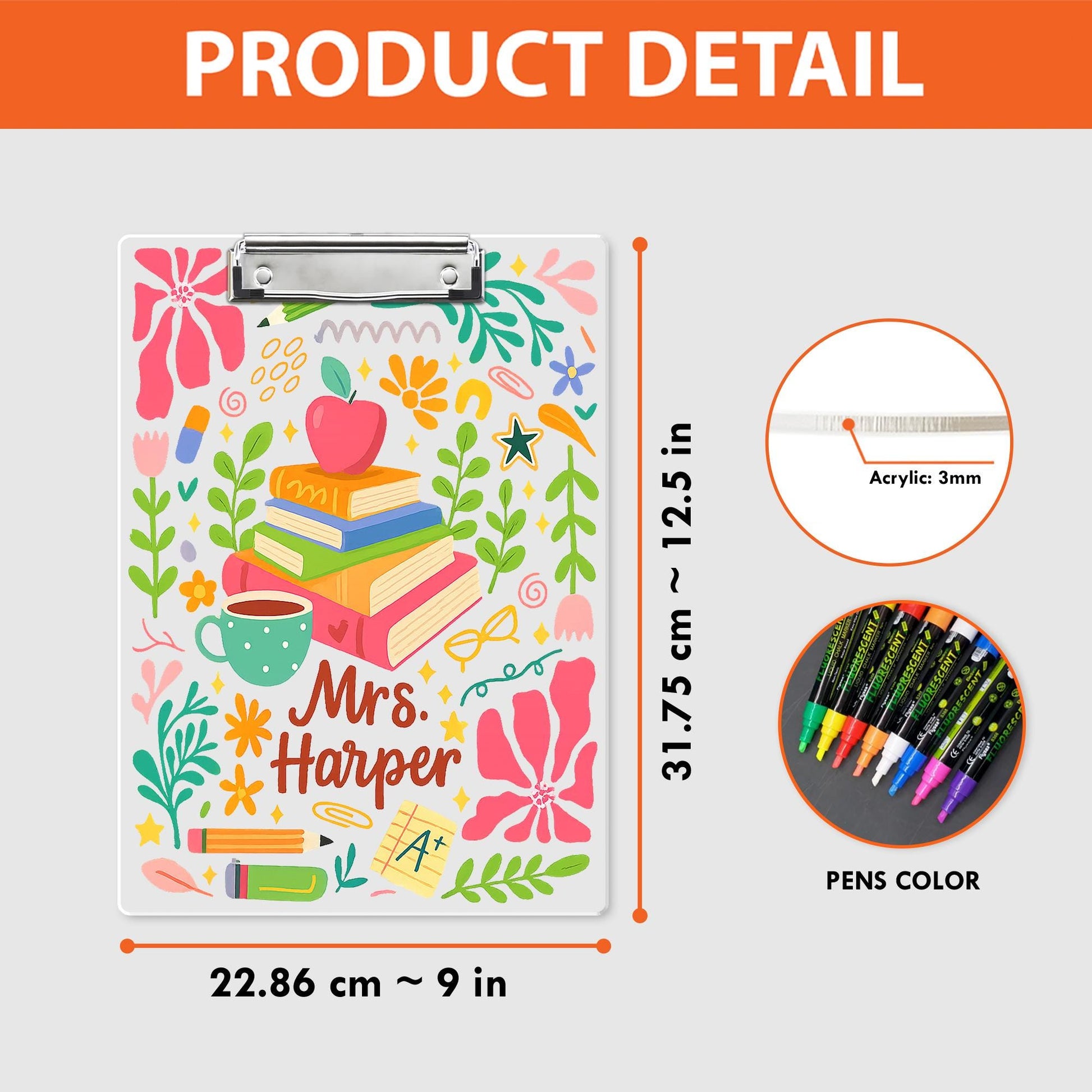Personalized Clipboard for Teacher, Colorful Floral Acrylic Dry Erase Board, Cute Back to School Classroom Gift