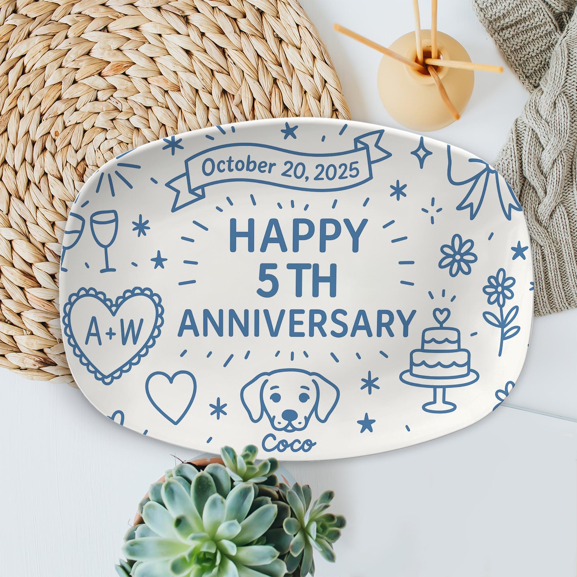 Custom Anniversary Platter, Personalized Year Gift, Couple Keepsake Plate with Date, Dog Name & Initials, couple Gift Idea, DECOR ONLY