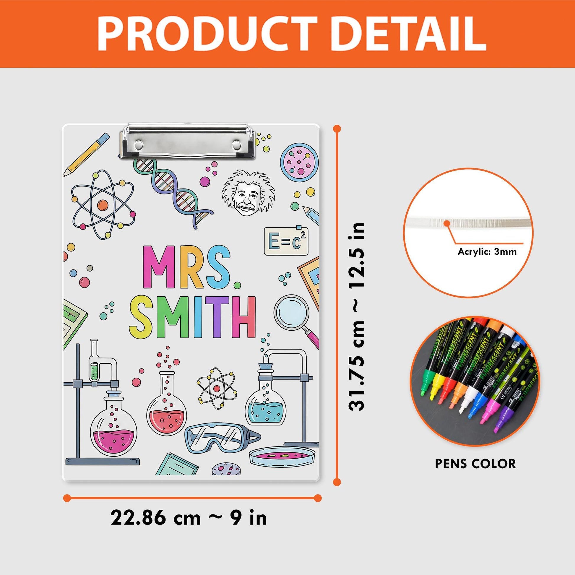 Personalized Science Teacher Clipboard, Custom Name Gift, Back to School Supplies, Cute Chemistry Lab Design, STEM Teacher Gift