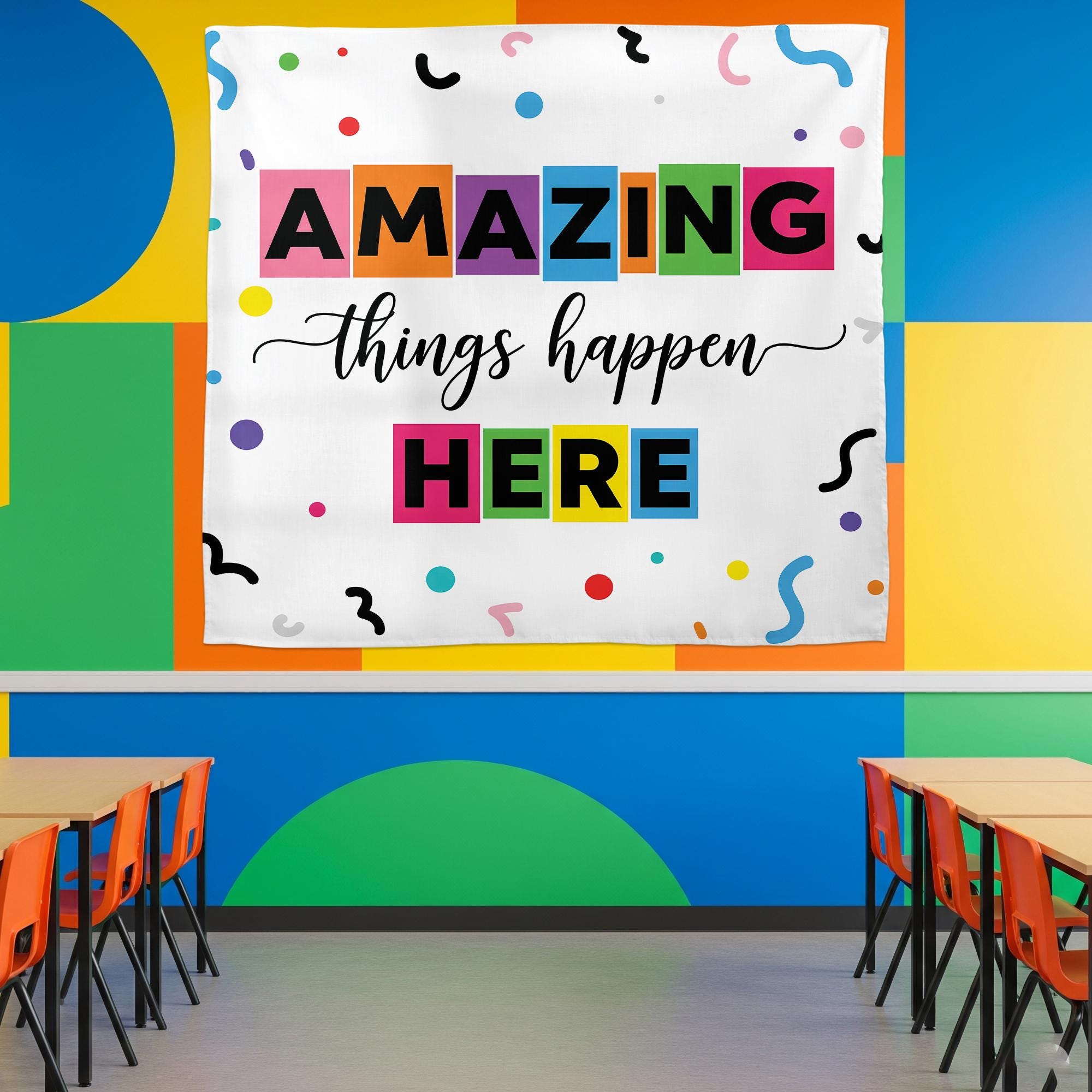 Classroom Decor, Positive Classroom Tapestry, Classroom Banner, Amazing Things Happen Here, Teacher Appreciation Gifts, Motivational Theme
