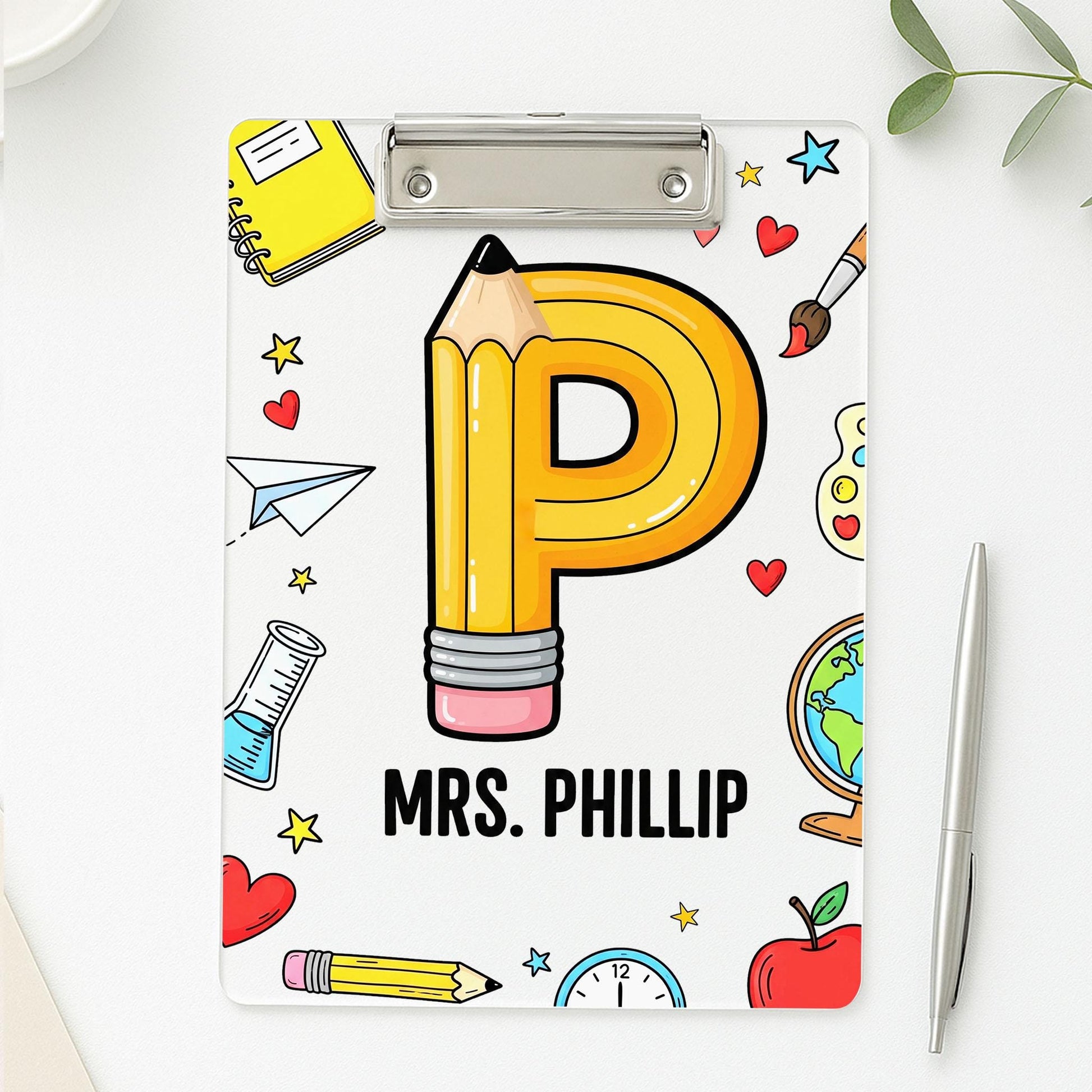 Custom Acrylic Clipboard for Teachers - Pencil Letter Design with Name, Cute Personalized Back to School Gift, Classroom Supplies