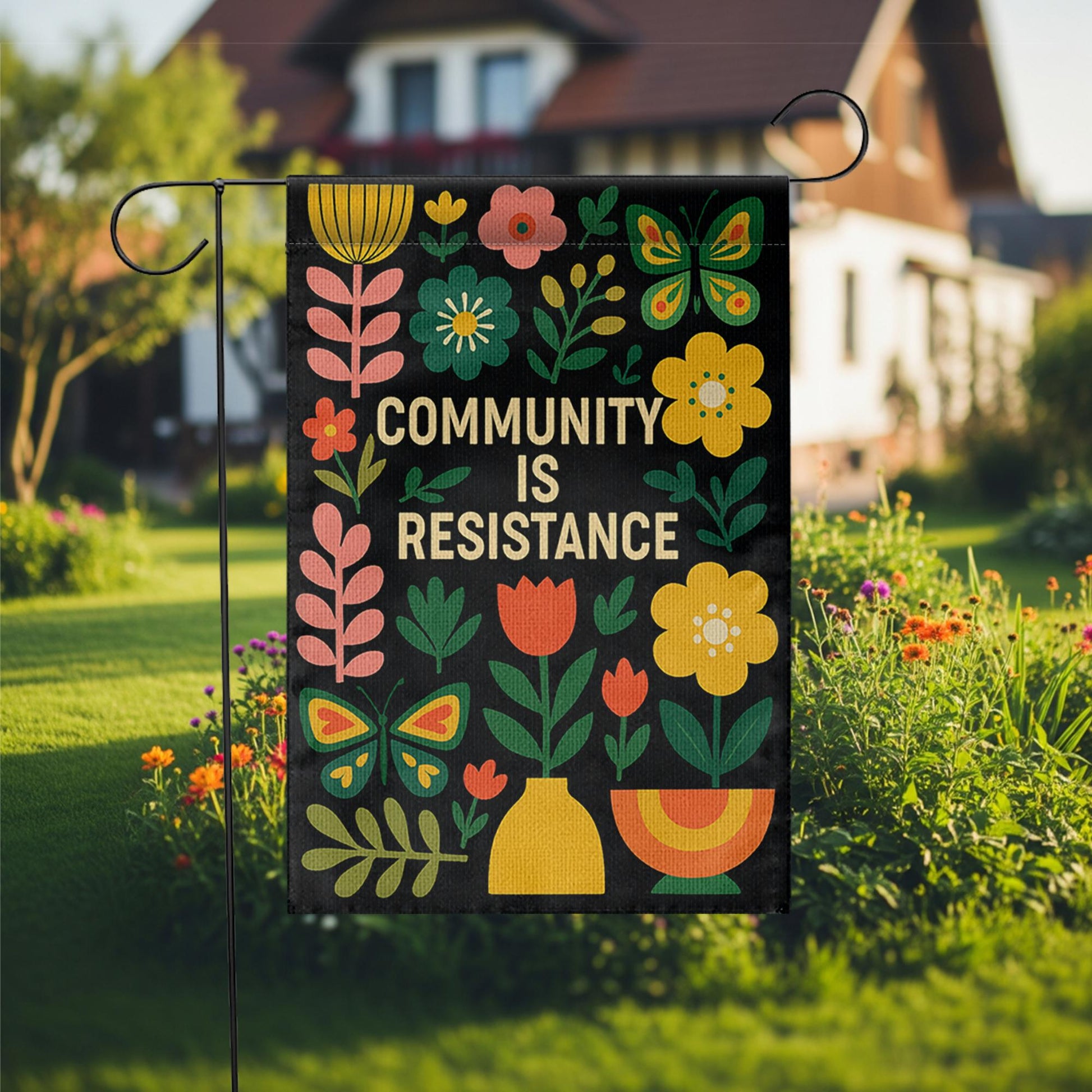 Community Is Resistance Garden Flag, Colorful Floral Yard Sign, Social Justice Outdoor Decor, Mutual Aid Activist Gift Banner