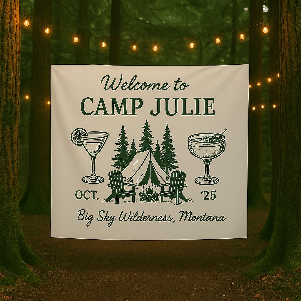 Custom Camp Bachelorette Tapestry, Glamping Bach Party Banner, Personalized Wilderness Tent Sign for Bride Tribe Weekend Getaway