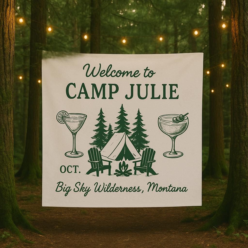 Custom Camp Bachelorette Tapestry, Glamping Bach Party Banner, Personalized Wilderness Tent Sign for Bride Tribe Weekend Getaway