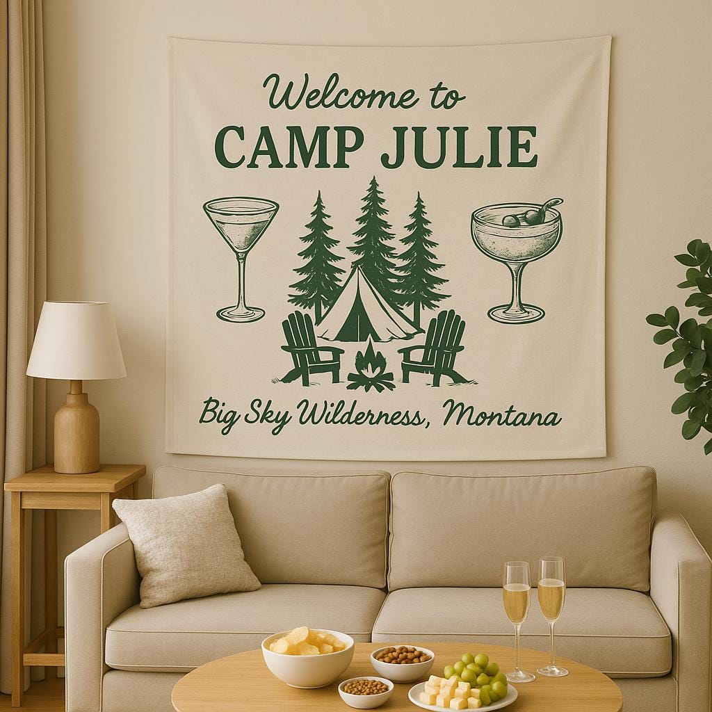 Custom Camp Bachelorette Tapestry, Glamping Bach Party Banner, Personalized Wilderness Tent Sign for Bride Tribe Weekend Getaway