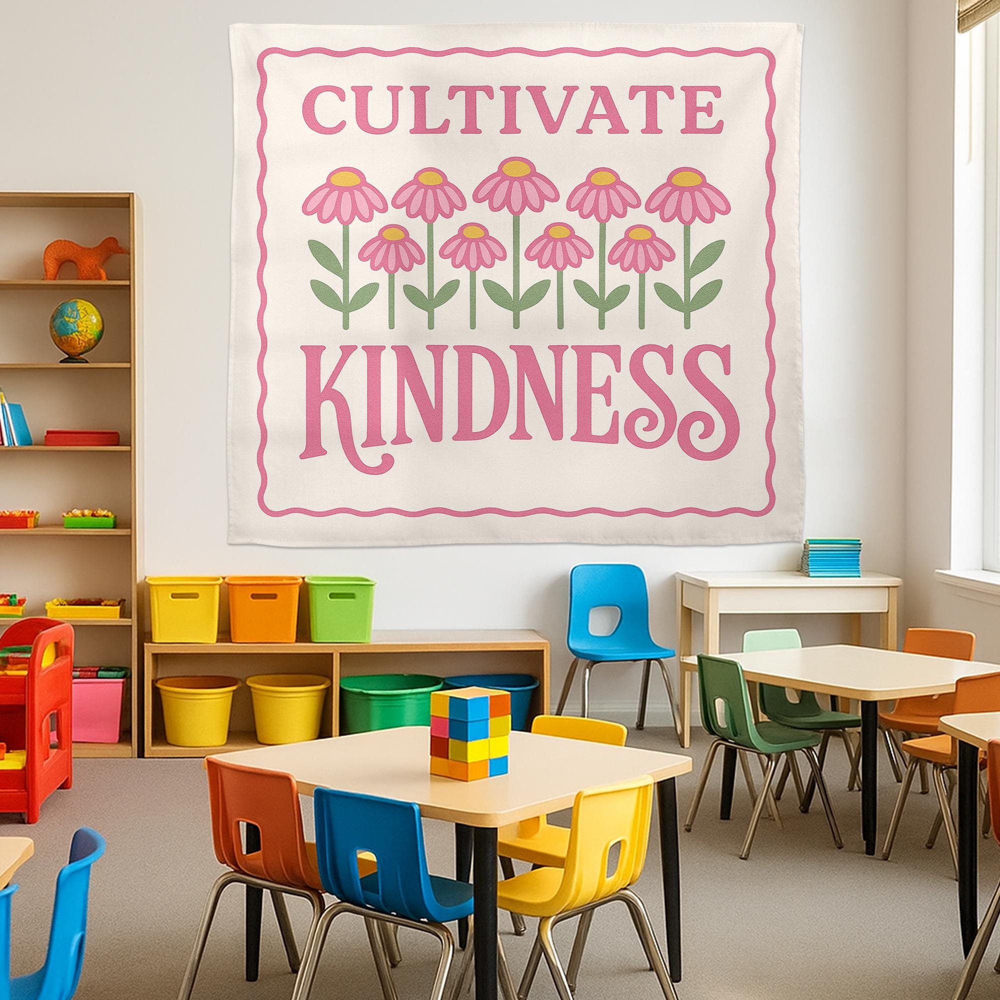 Cultivate Kindness Classroom Tapestry, Inspirational Teacher Wall Banner, Floral Motivational Decor, Kindness Quote School Sign
