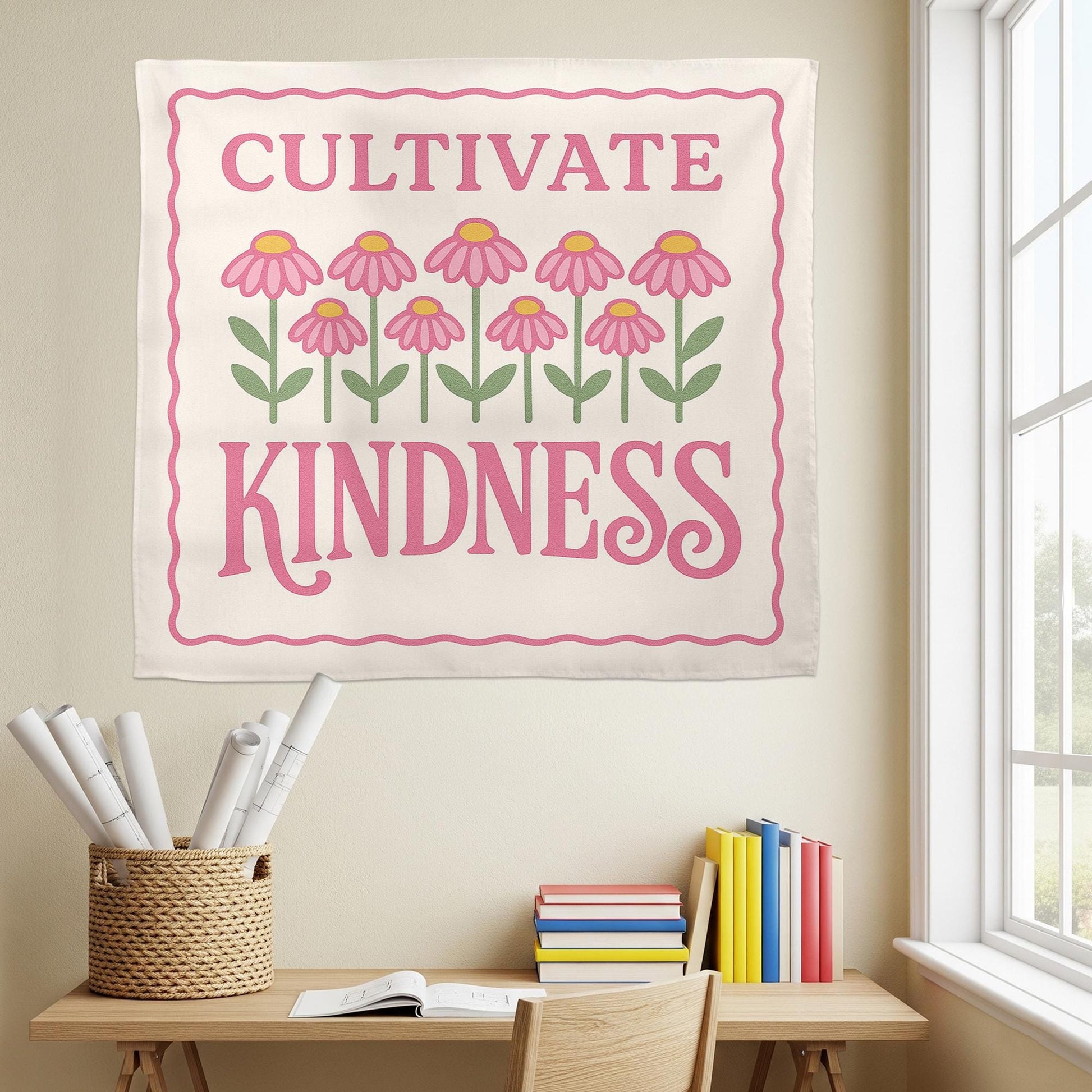 Cultivate Kindness Classroom Tapestry, Inspirational Teacher Wall Banner, Floral Motivational Decor, Kindness Quote School Sign