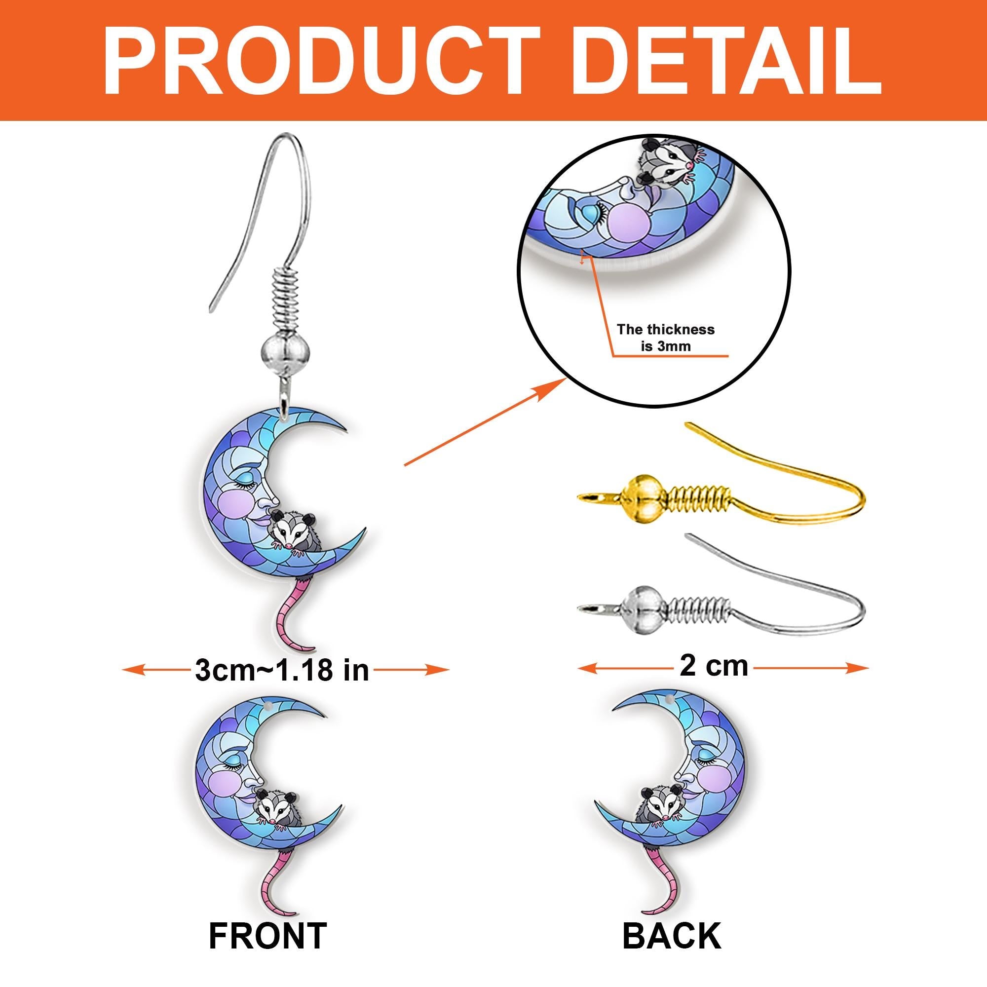 Crescent Moon Opossum Earrings, Stained Glass Look Dangle Jewelry, Pastel Possum Earrings, Cute Animal Gift for Her