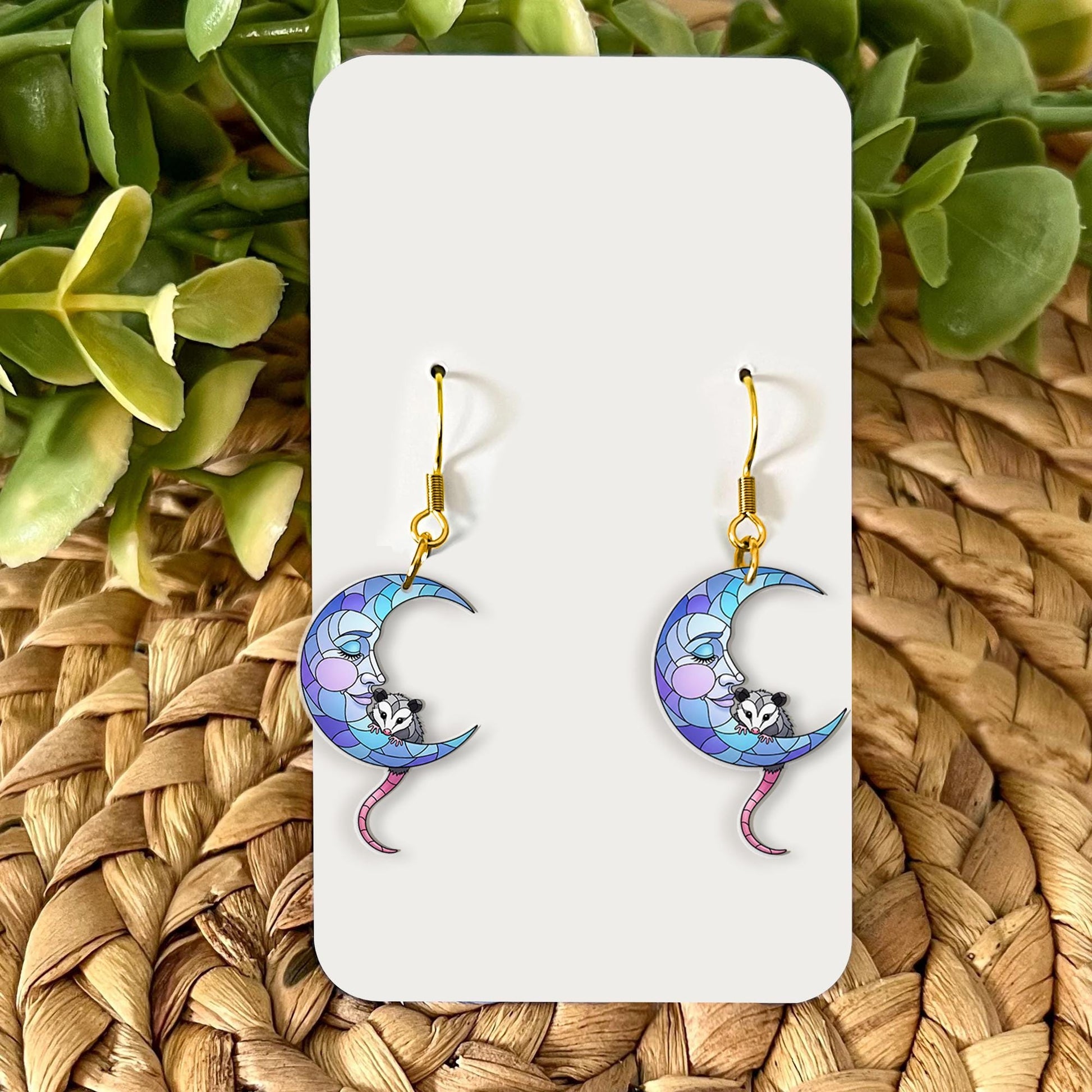Crescent Moon Opossum Earrings, Stained Glass Look Dangle Jewelry, Pastel Possum Earrings, Cute Animal Gift for Her