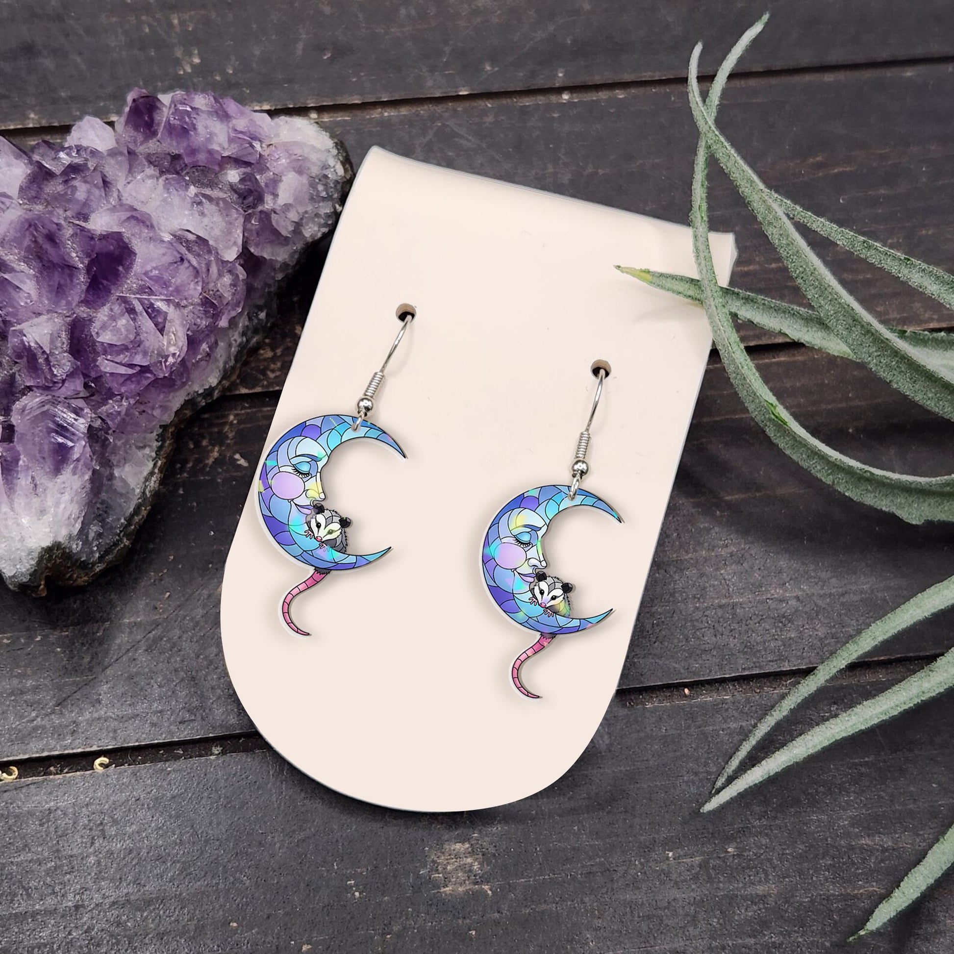 Crescent Moon Opossum Earrings, Stained Glass Look Dangle Jewelry, Pastel Possum Earrings, Cute Animal Gift for Her