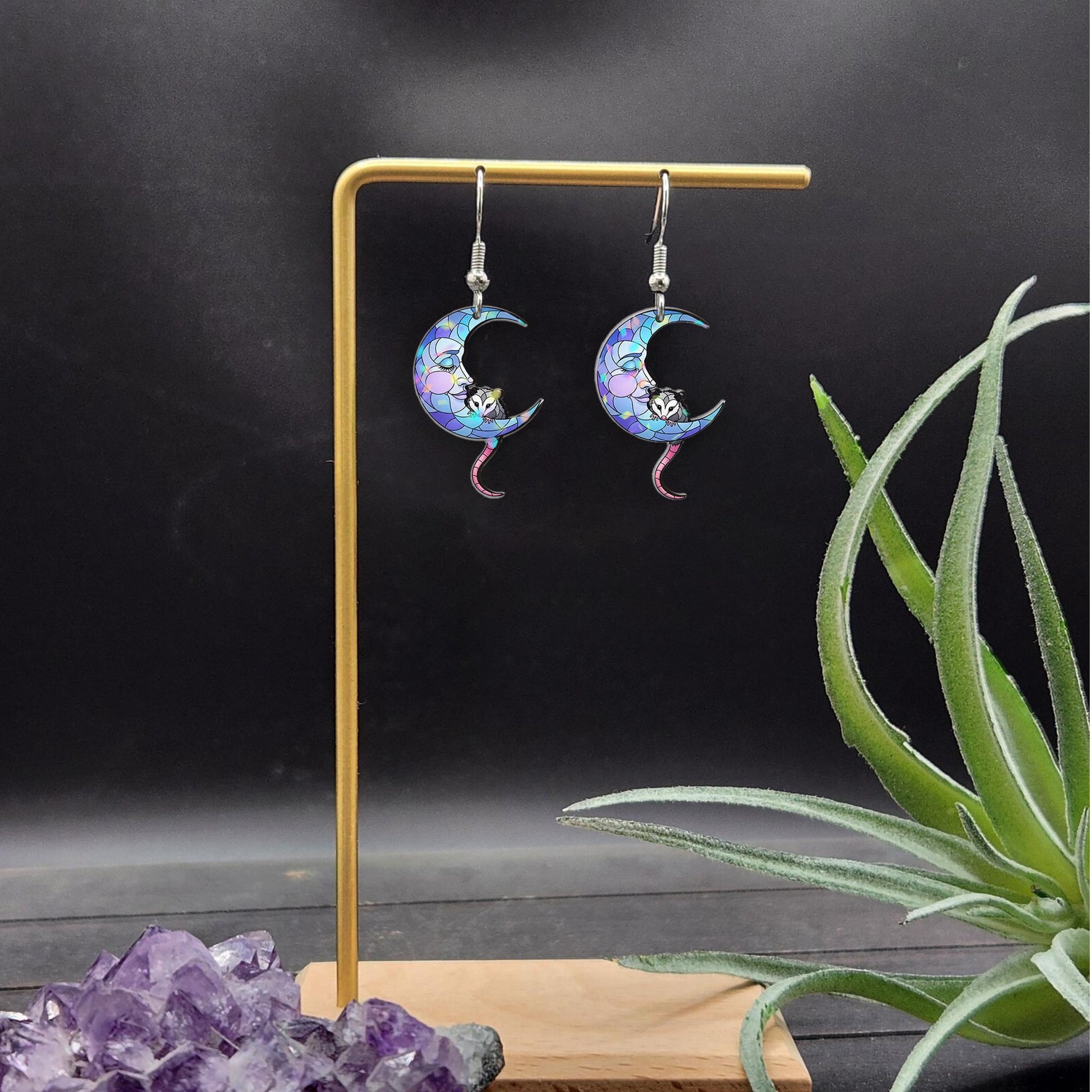 Crescent Moon Opossum Earrings, Stained Glass Look Dangle Jewelry, Pastel Possum Earrings, Cute Animal Gift for Her
