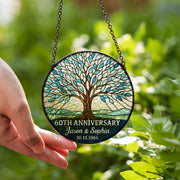 Custom Anniversary Tree Suncatcher, Personalized Glass Gift, Family Tree Sun Catcher, 60th Anniversary Gift for Parents