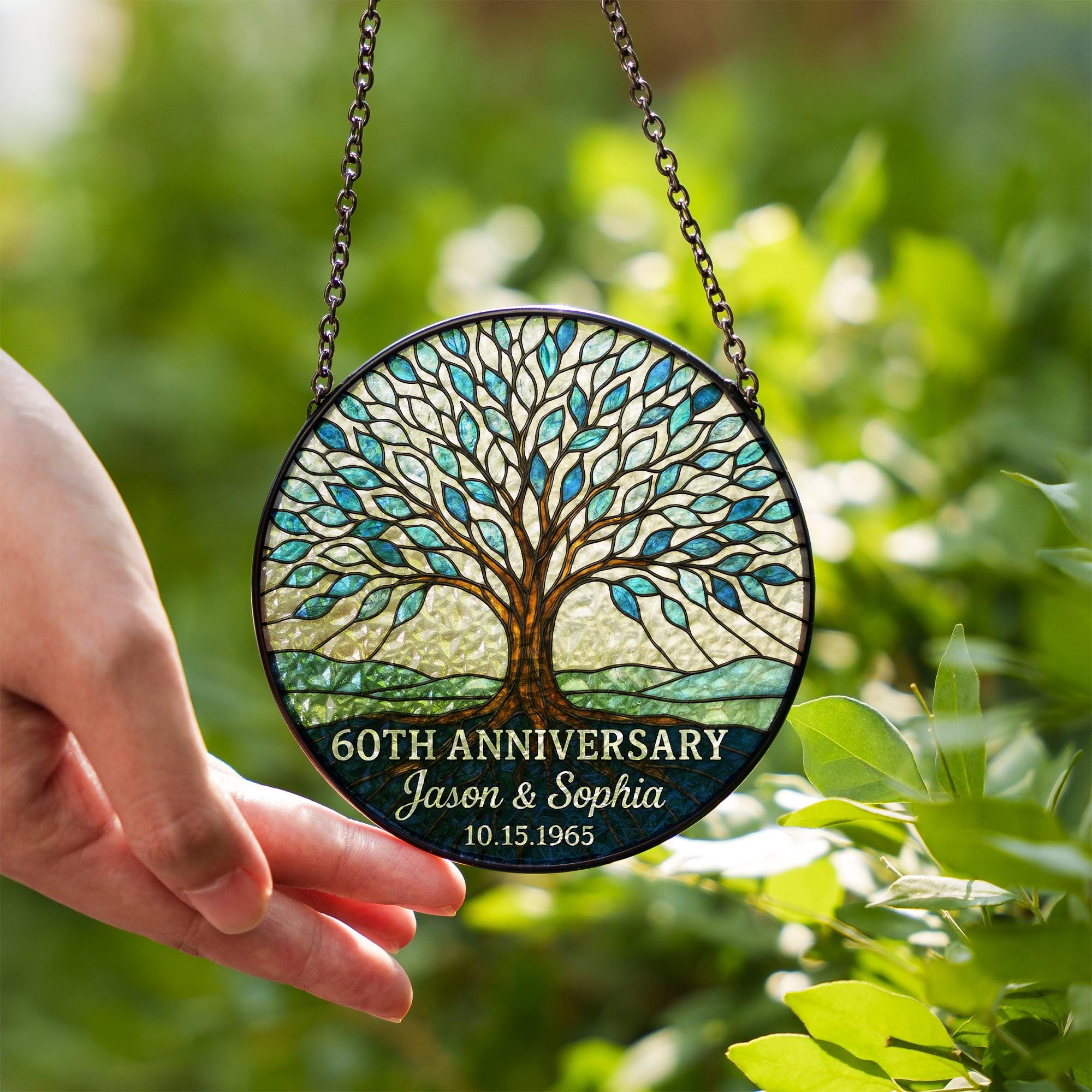 Custom Anniversary Tree Suncatcher, Personalized Glass Gift, Family Tree Sun Catcher, 60th Anniversary Gift for Parents