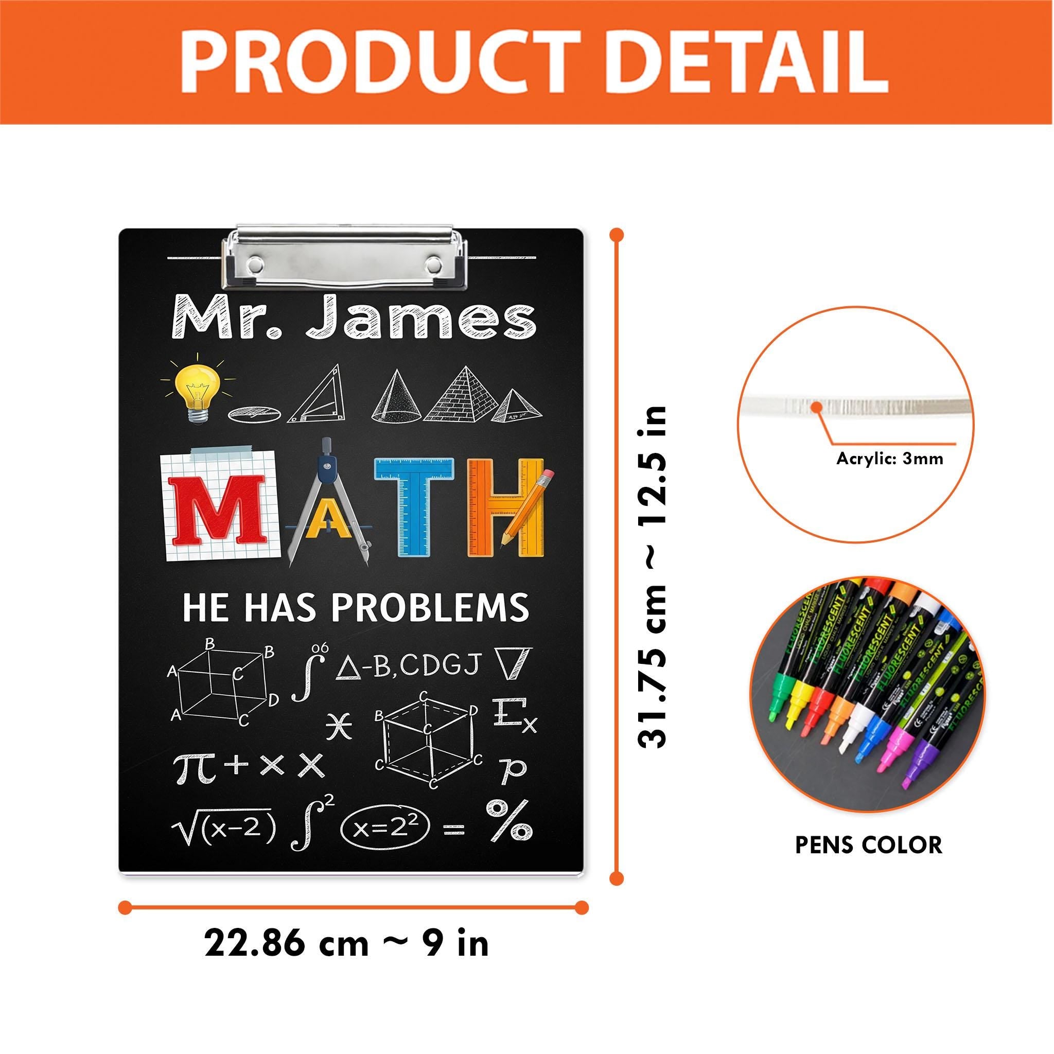 Custom Acrylic Math Clipboard with Teacher Name - Personalized School Supply Gift, Fun & Functional Classroom Decor for Back to School